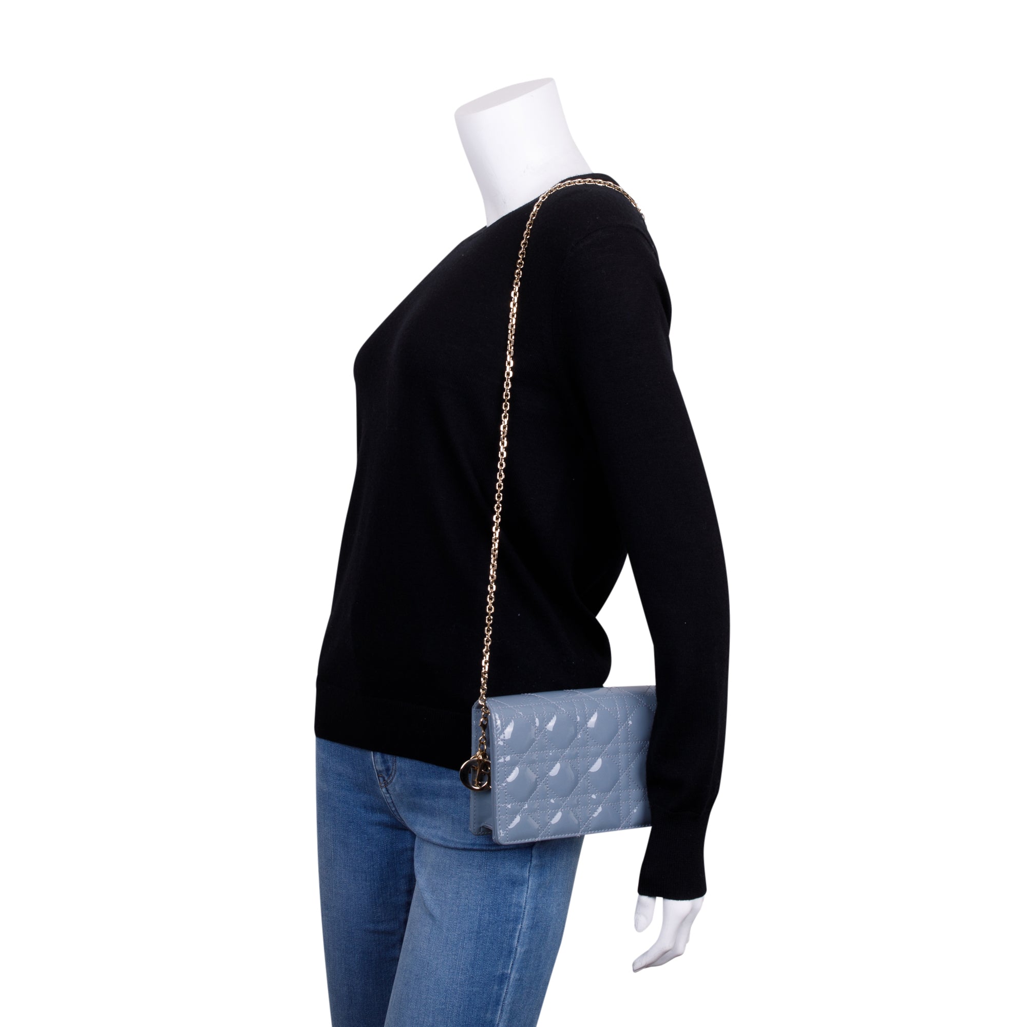 Christian Dior 2022 Cloud Blue Patent Leather Lady Dior Chain Pouch w/ Inserts & Box