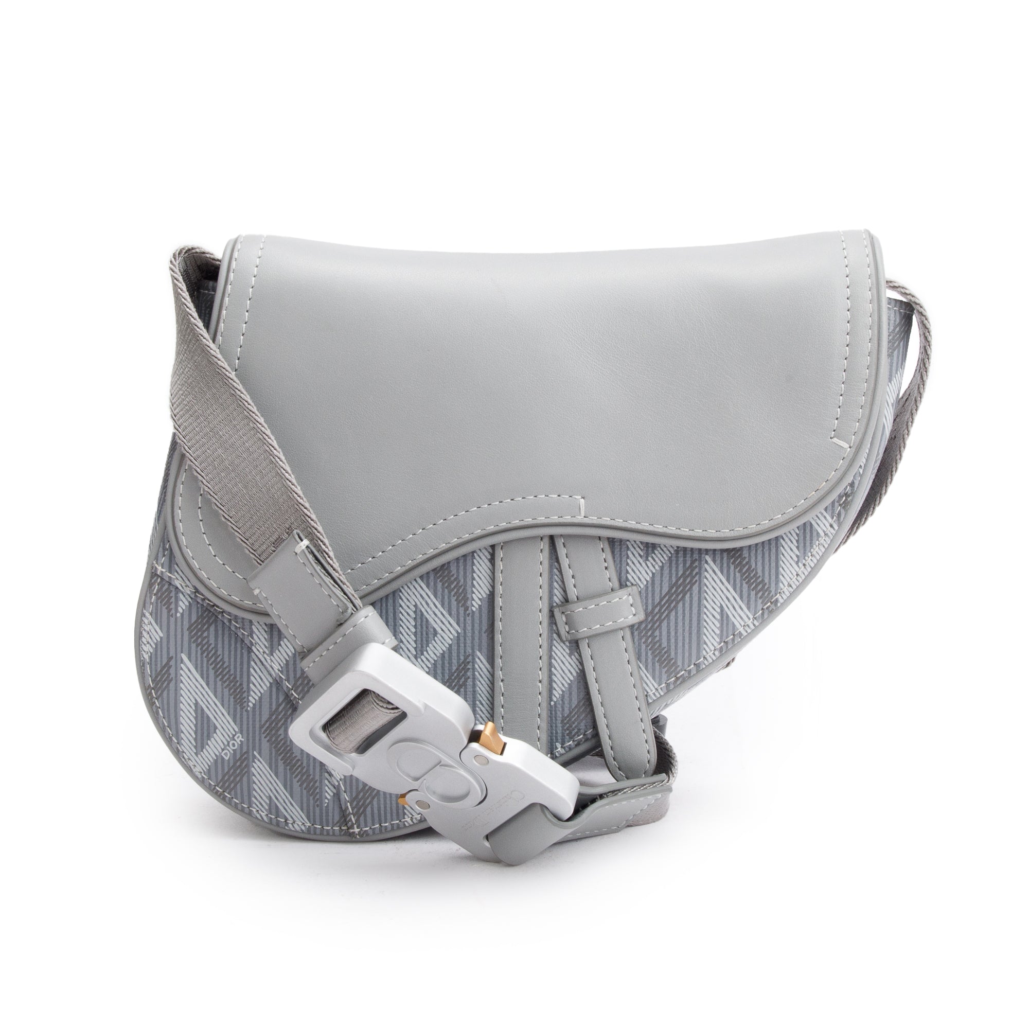 Christian Dior 2022 Grey Calfskin Leather CD Diamond Coated Canvas Mini Saddle Crossbody Bag