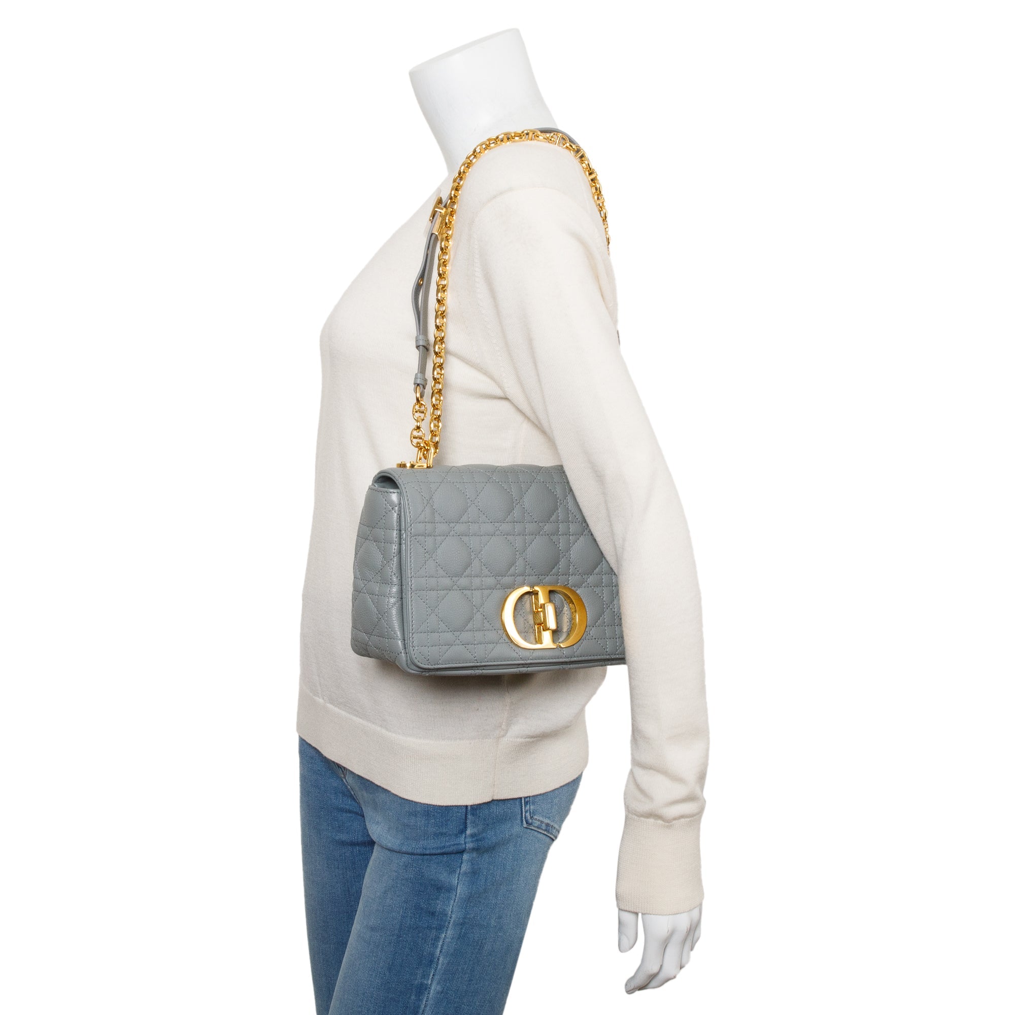 Christian Dior 2022 Grey Supple Cannage Calfskin Leather Medium Dior Caro Bag w/ Authenticity Card