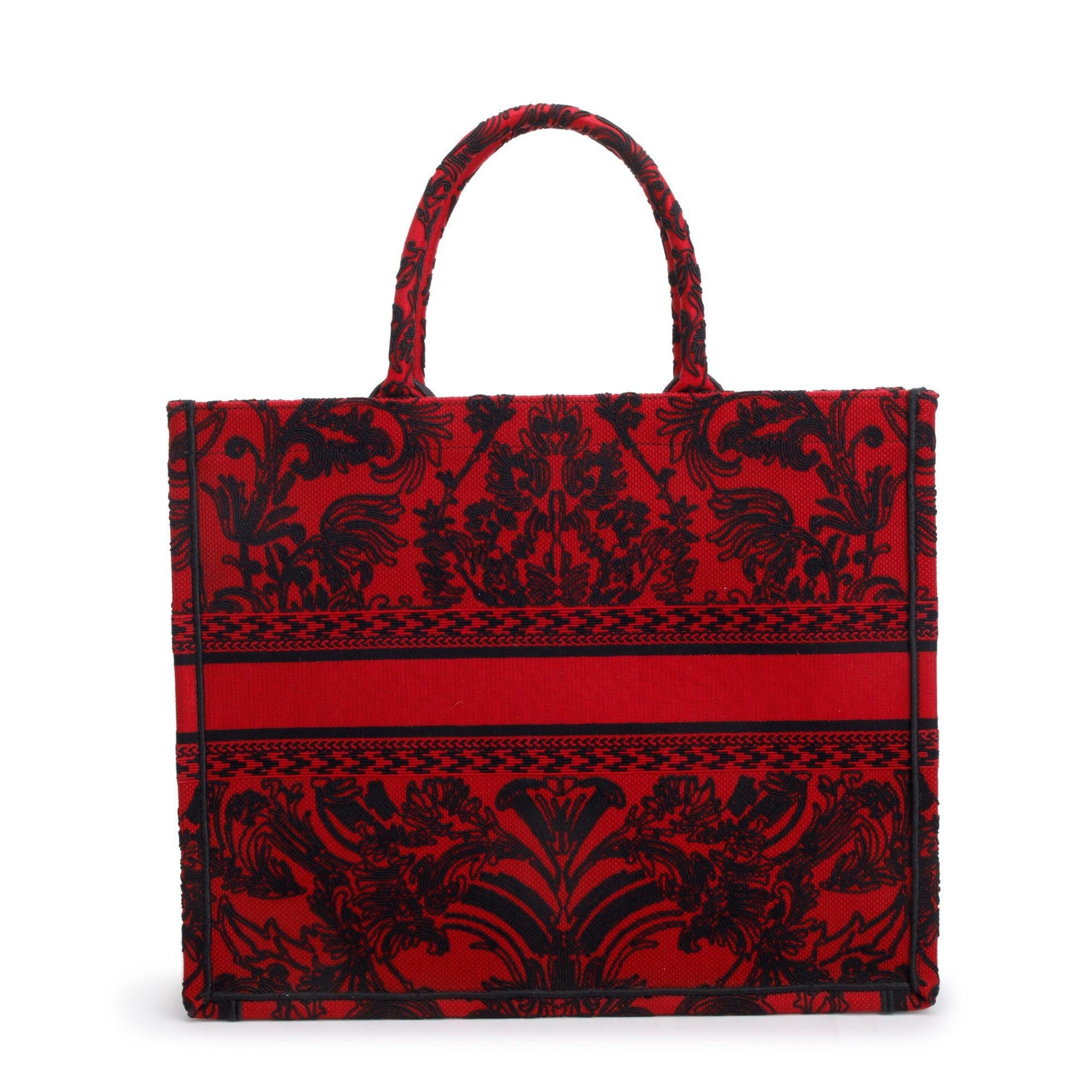 Christian Dior 2022 Large Red and Black Toile de Jouy Embroidery Canvas Book Tote w/ Box