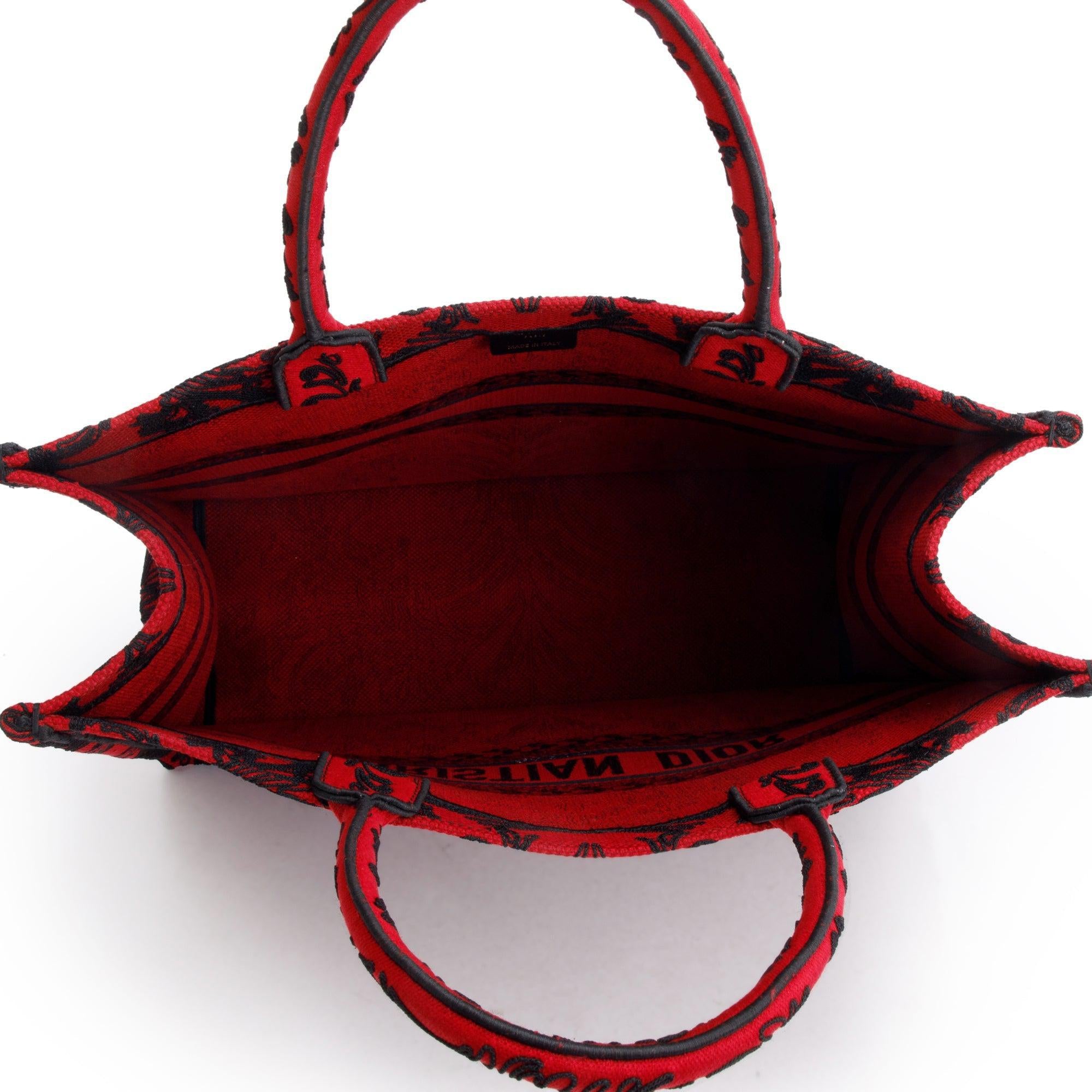 Christian Dior 2022 Large Red and Black Toile de Jouy Embroidery Canvas Book Tote w/ Box