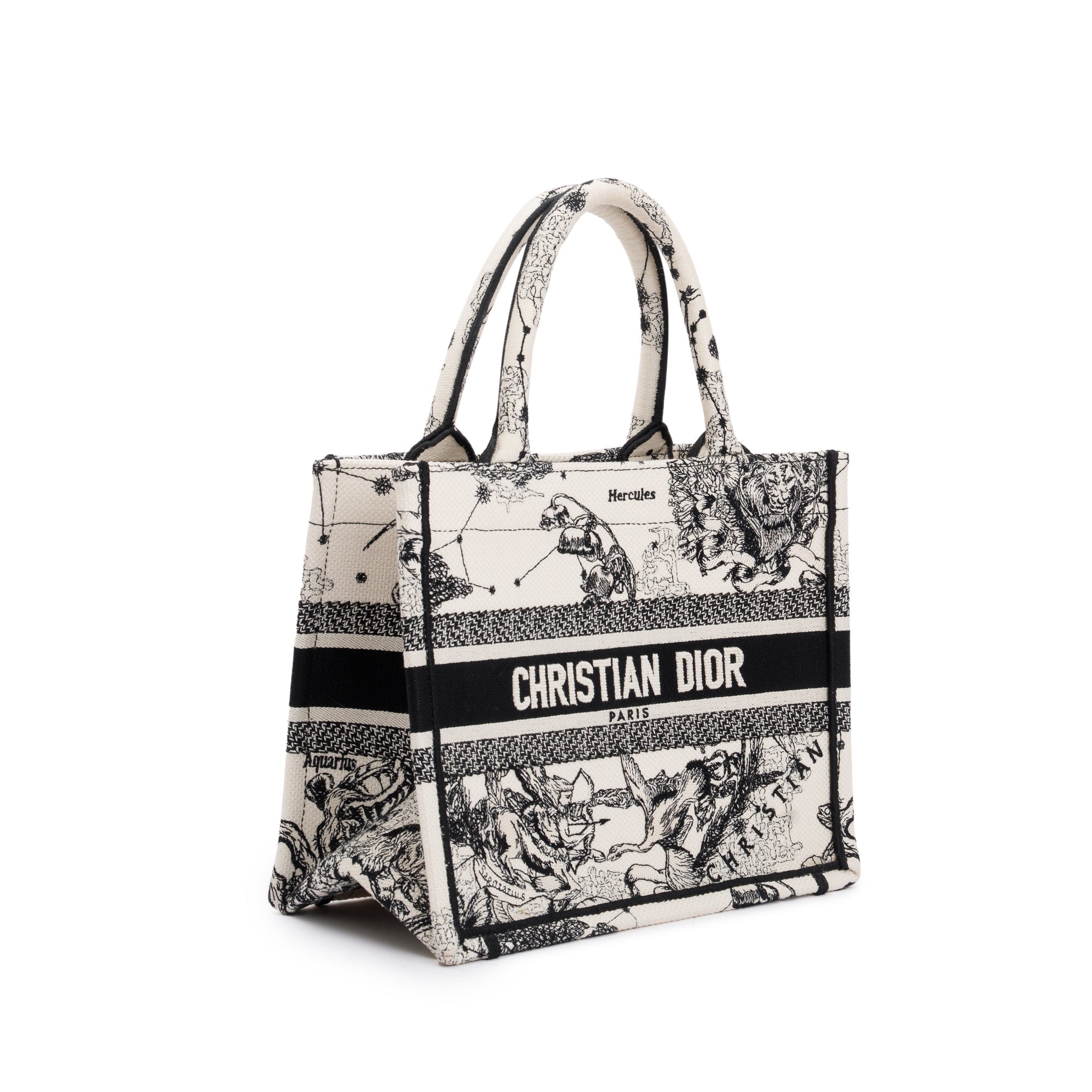 Christian Dior 2022 Latte & Black Toile de Jouy Zodiac Embroidery Small Book Tote