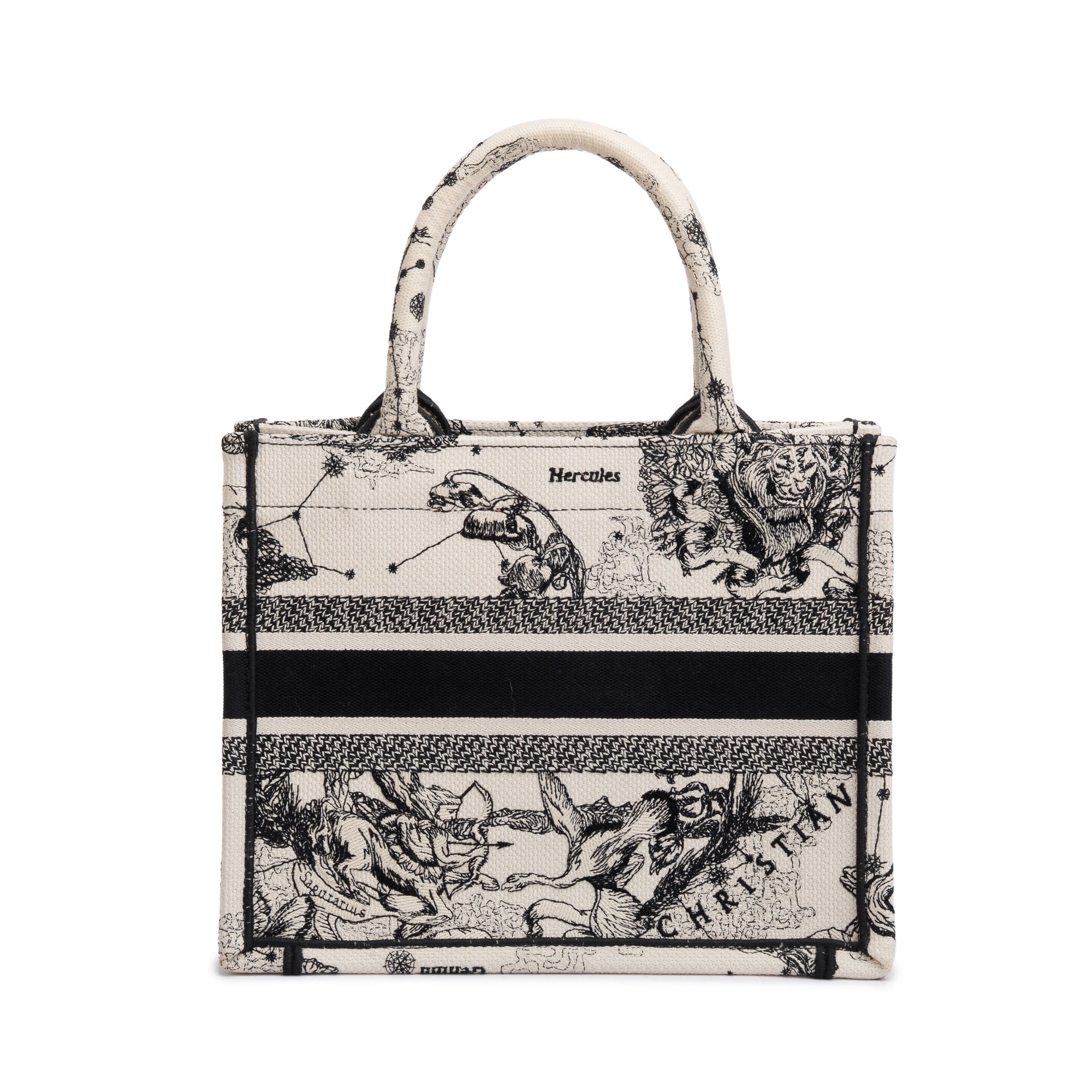 Christian Dior 2022 Latte & Black Toile de Jouy Zodiac Embroidery Small Book Tote