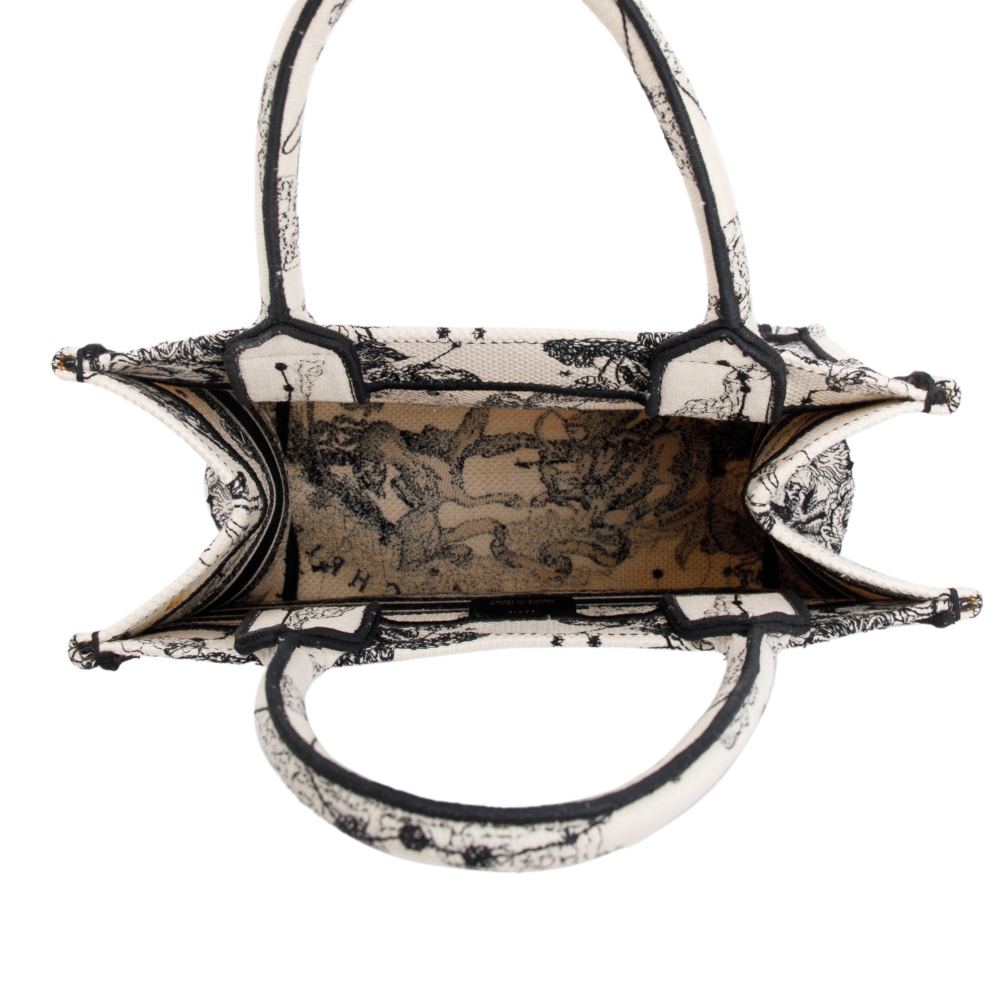 Christian Dior 2022 Latte & Black Toile de Jouy Zodiac Embroidery Small Book Tote