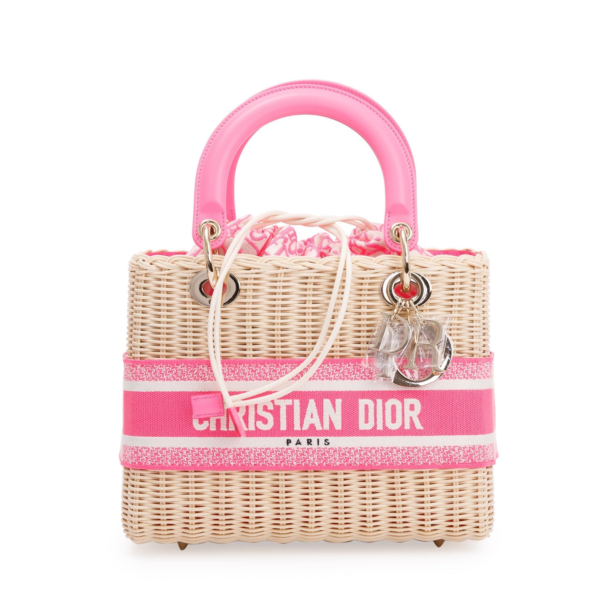 Christian Dior 2022 Natural Wicker Pink Oblique Medium Lady Dior Bag w/ Strap, Box & Authenticity Card