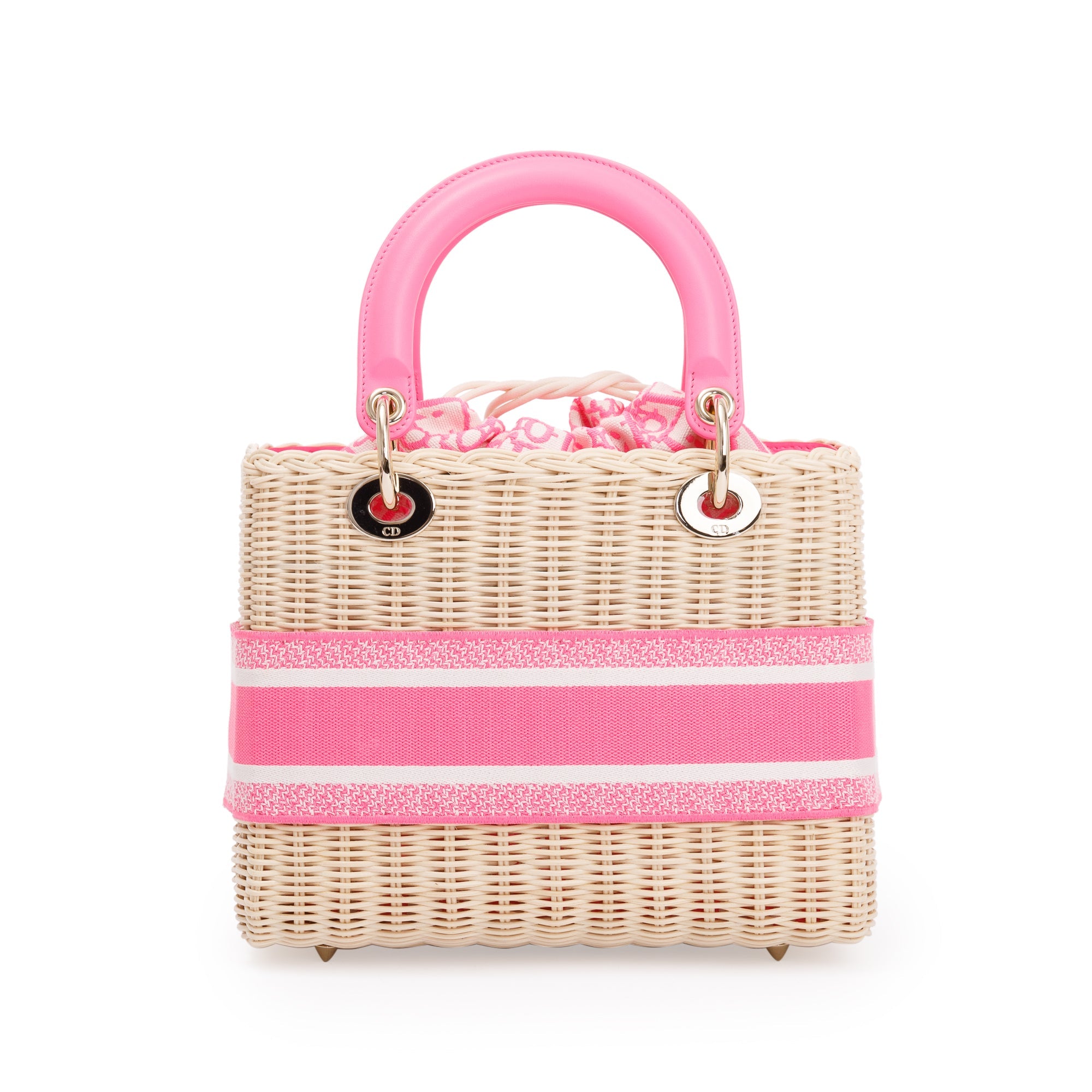 Christian Dior 2022 Natural Wicker Pink Oblique Medium Lady Dior Bag w/ Strap, Box & Authenticity Card