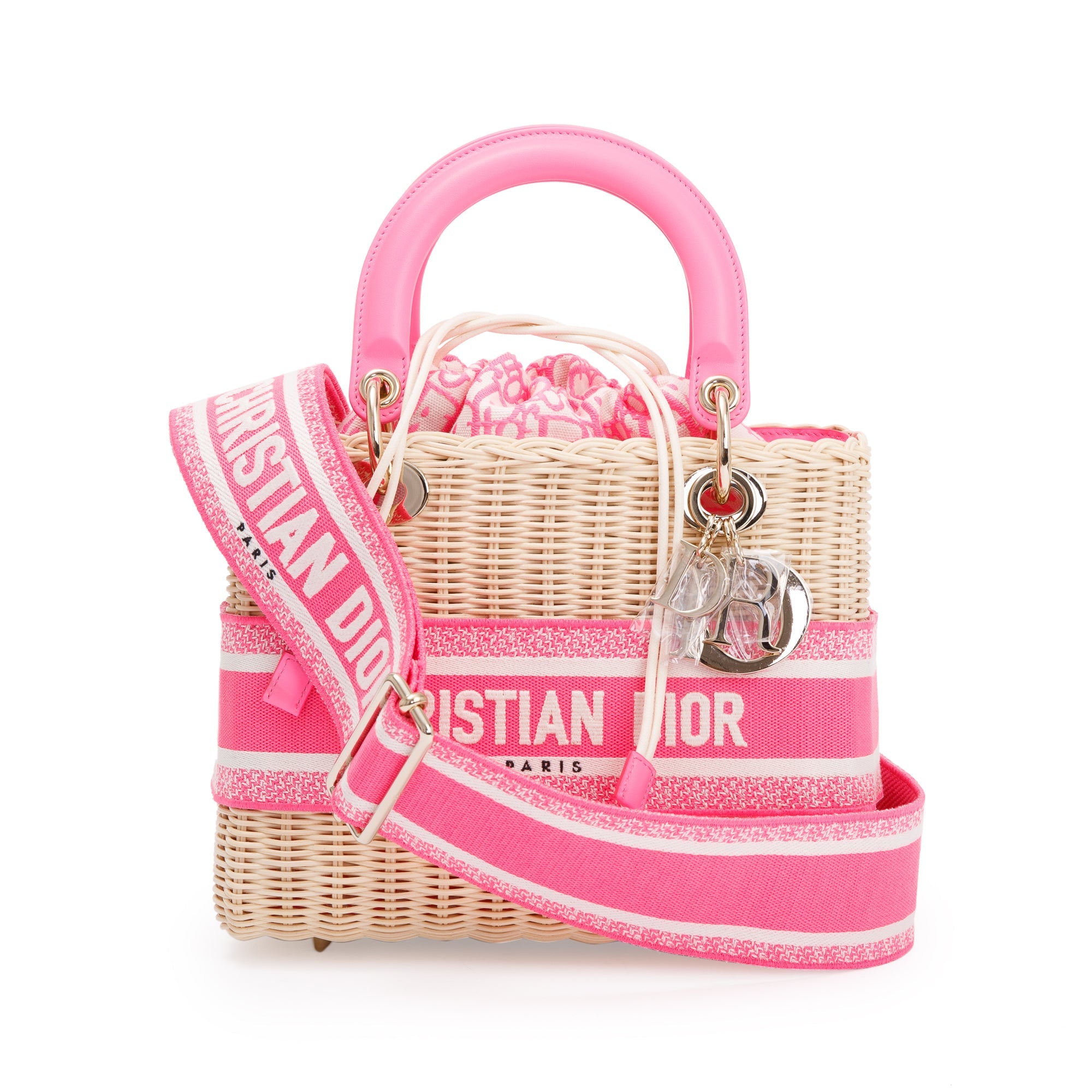 Christian Dior 2022 Natural Wicker Pink Oblique Medium Lady Dior Bag w/ Strap, Box & Authenticity Card
