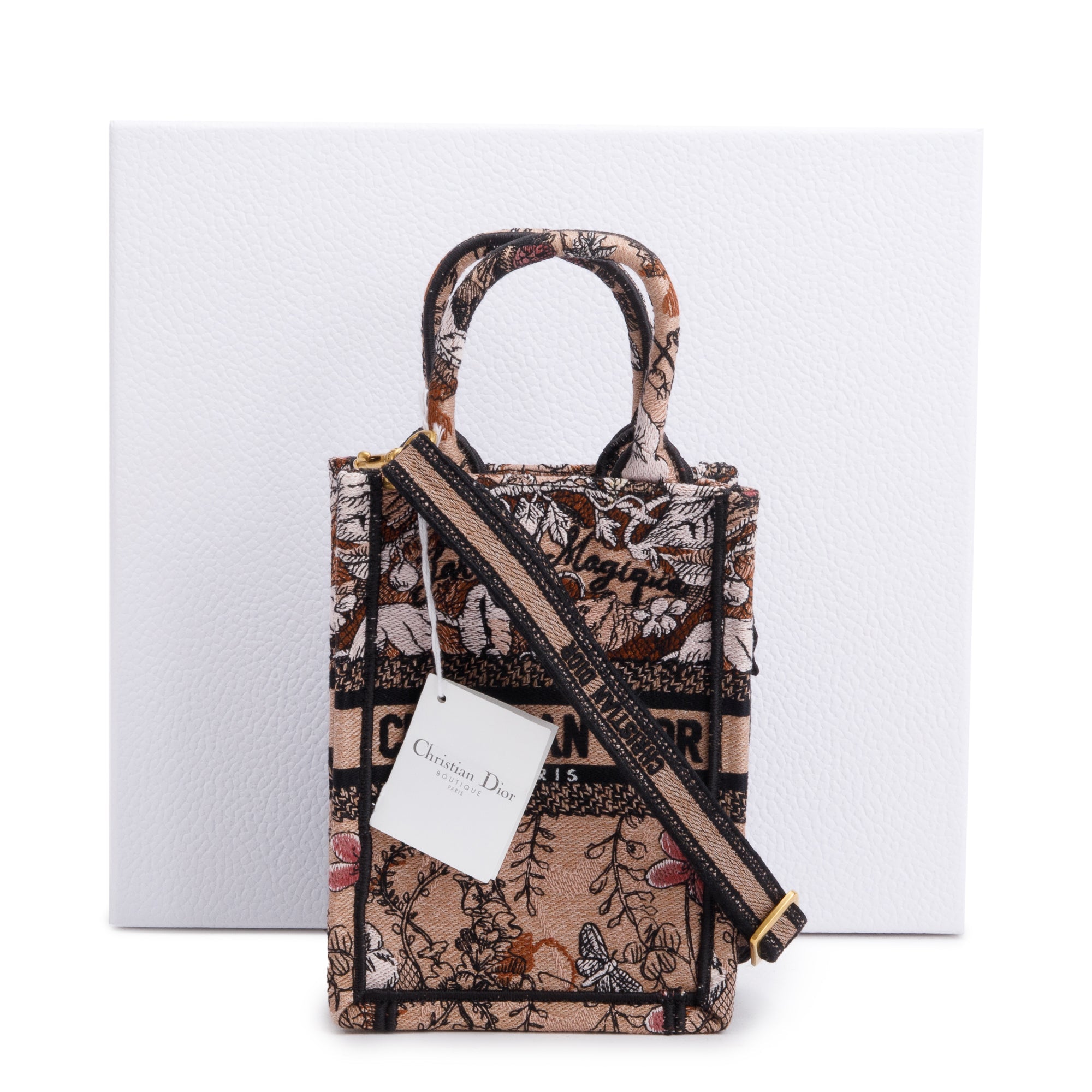 Christian Dior 2022 Pink Jardin Magique Embroidered Mini Vertical Book Tote w/ Strap, Box & Authenticity Card