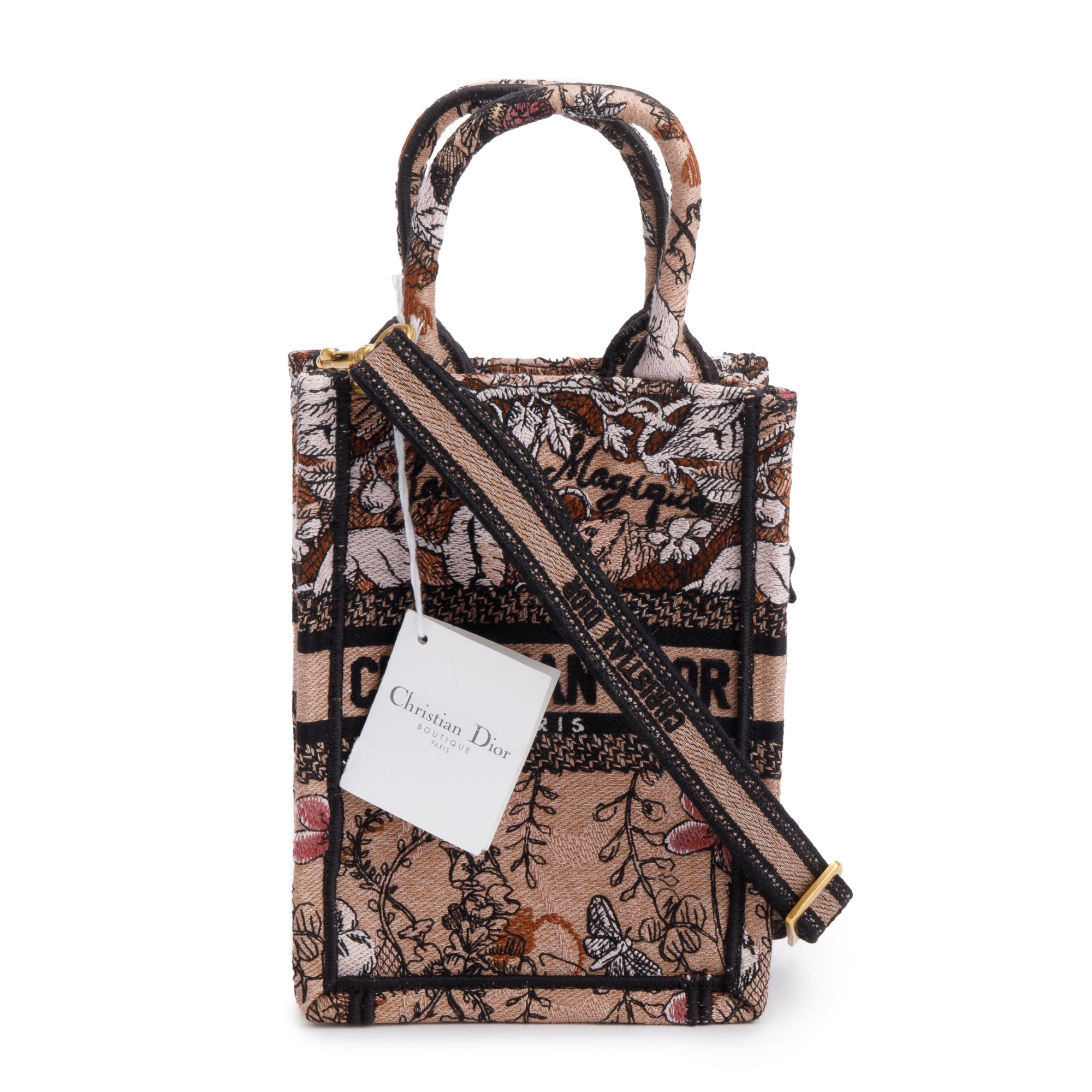 Christian Dior 2022 Pink Jardin Magique Embroidered Mini Vertical Book Tote w/ Strap, Box & Authenticity Card