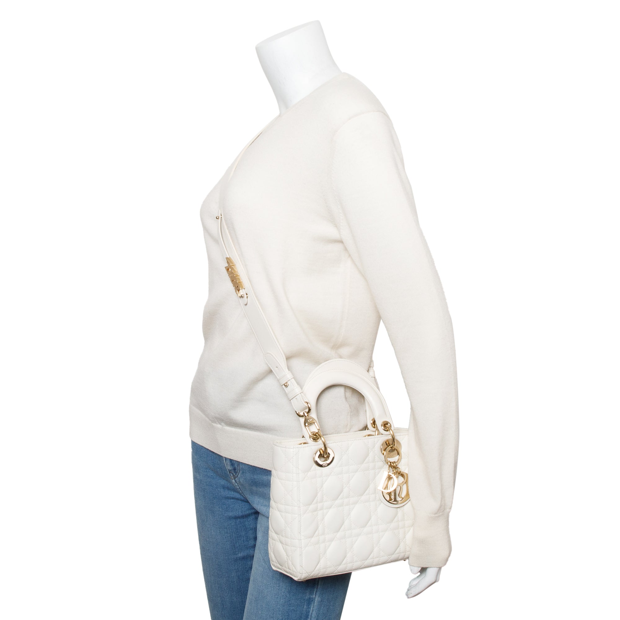 Christian Dior 2022 White Cannage Lambskin Leather Small Lady Dior My AbCDior Bag w/ Box & Authenticity Card