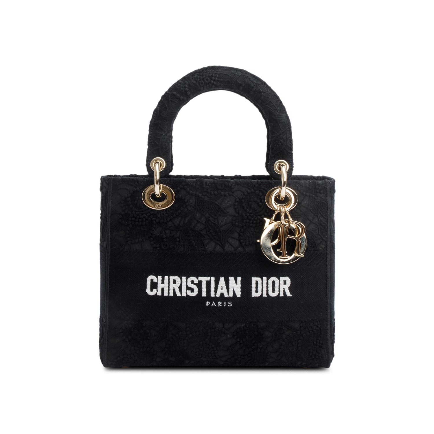 Christian Dior 2023 Black Canvas Medium Lady D-Lace Bag w/ Strap & Box
