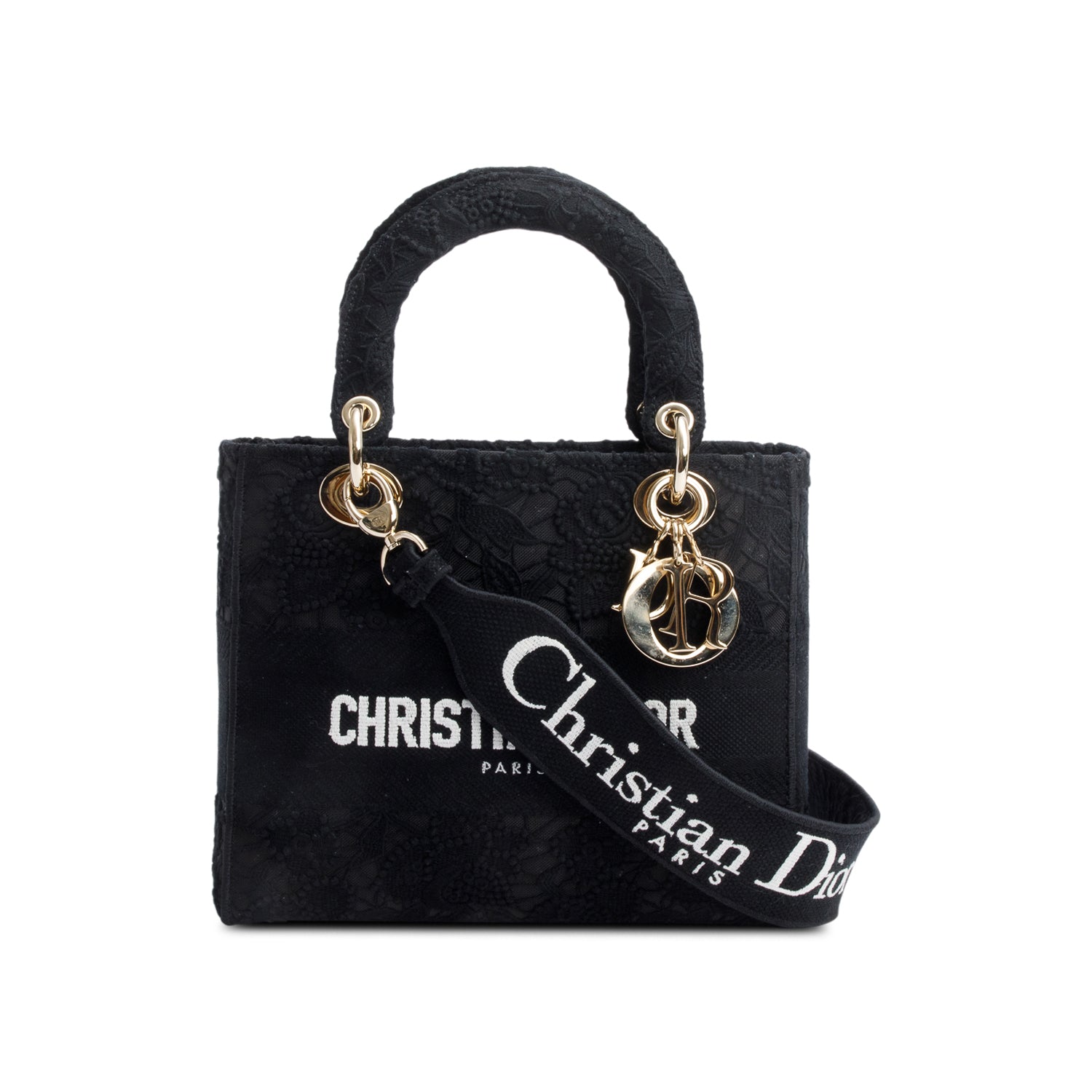 Christian Dior 2023 Black Canvas Medium Lady D-Lace Bag w/ Strap & Box