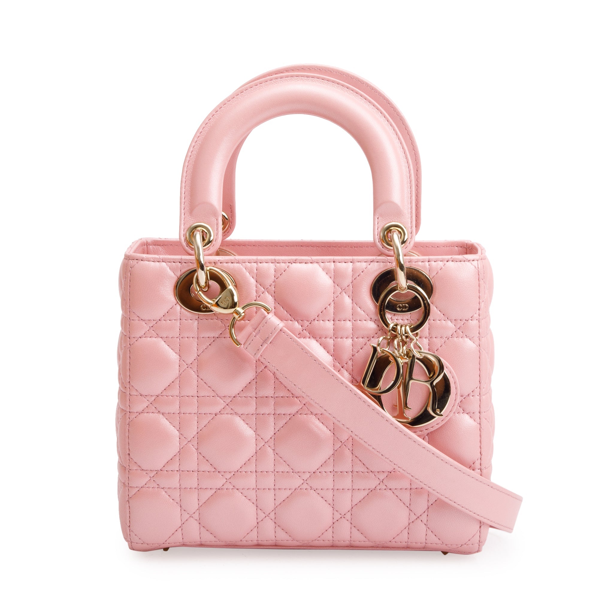 Christian Dior 2023 Pink Metallic Cannage Lambskin Leather Small Lady Dior Bag w/ Strap, Box & Authenticity Card