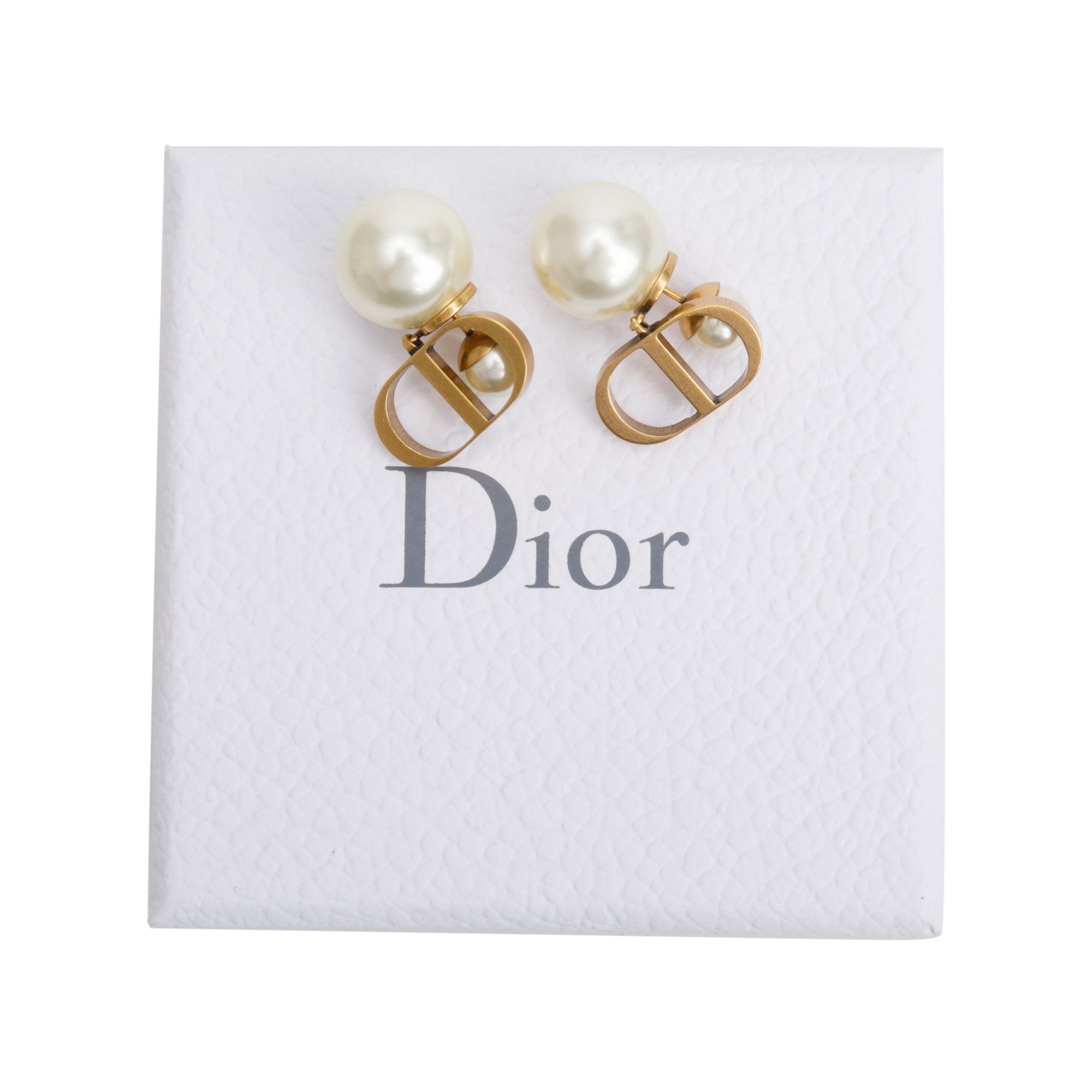 Christian Dior Antique Gold-Tone Metal Faux Pearl Tribales Earrings w/ Box