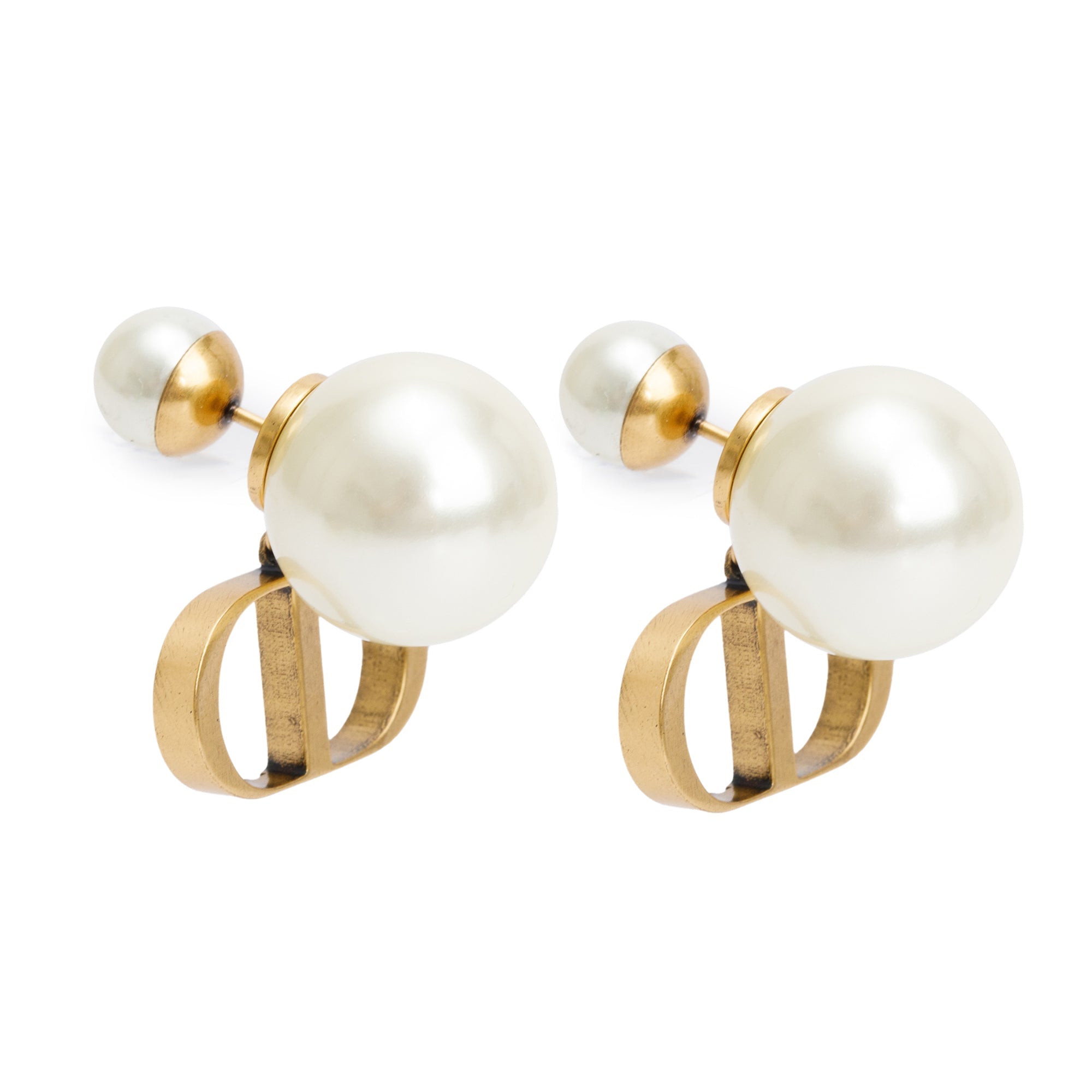 Christian Dior Antique Gold-Tone Metal Faux Pearl Tribales Earrings w/ Box