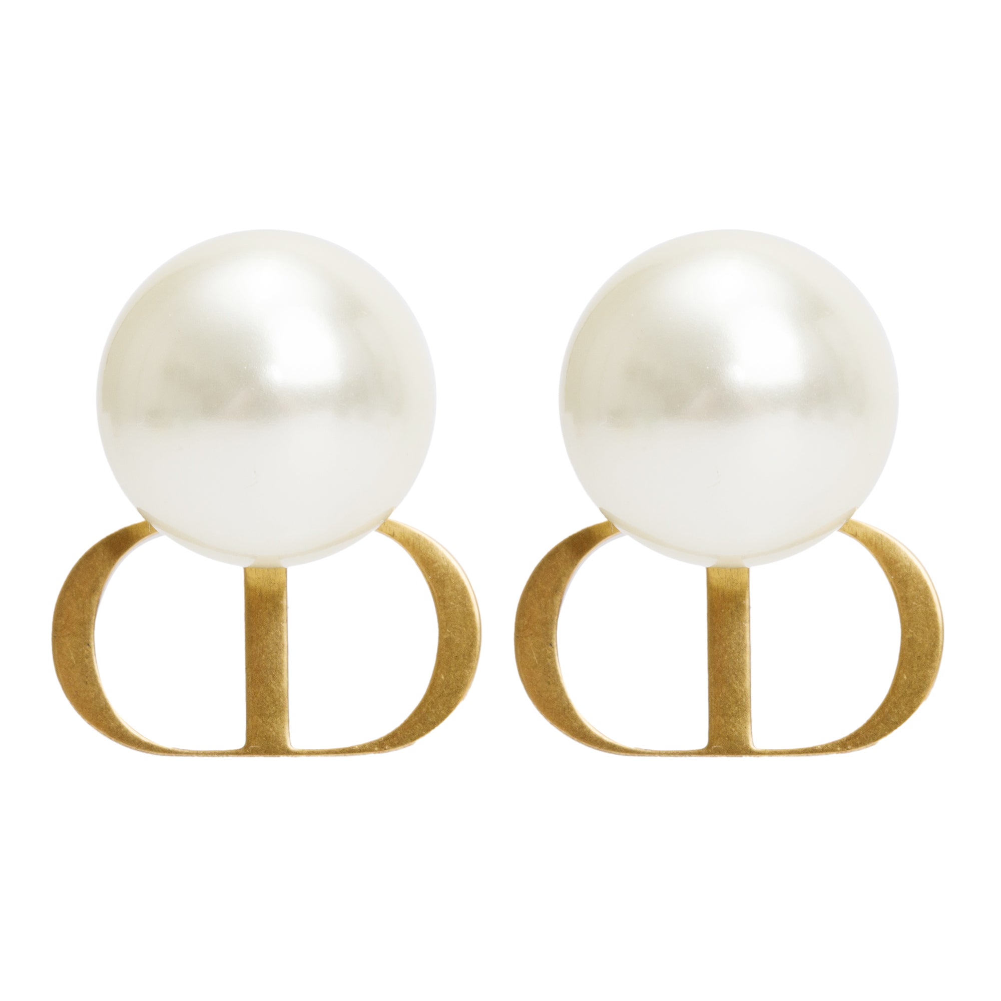 Christian Dior Antique Gold-Tone Metal Faux Pearl Tribales Earrings w/ Box