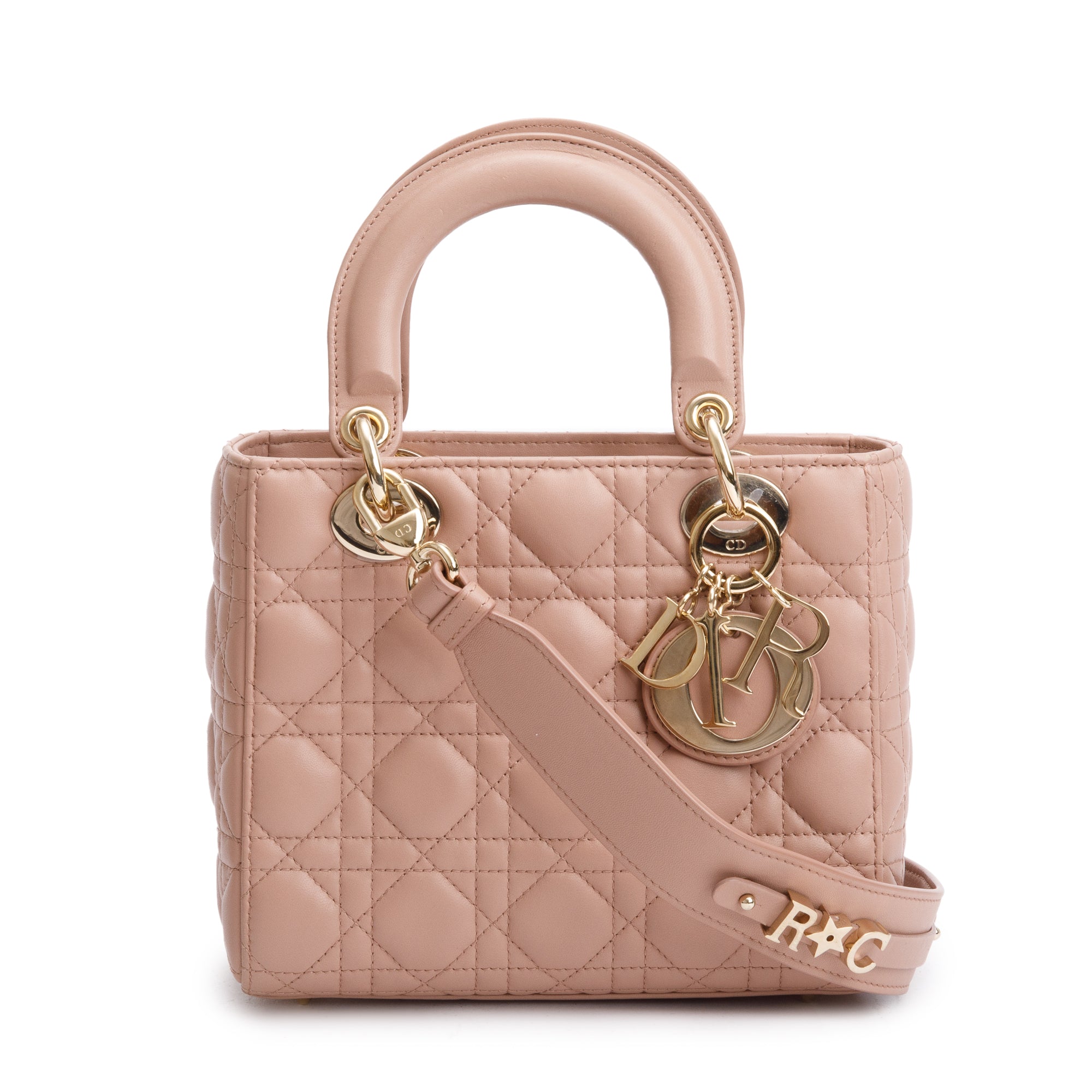 Christian Dior Beige Cannage Lambskin Leather Small Lady Dior My Abcdior Bag w/ Strap