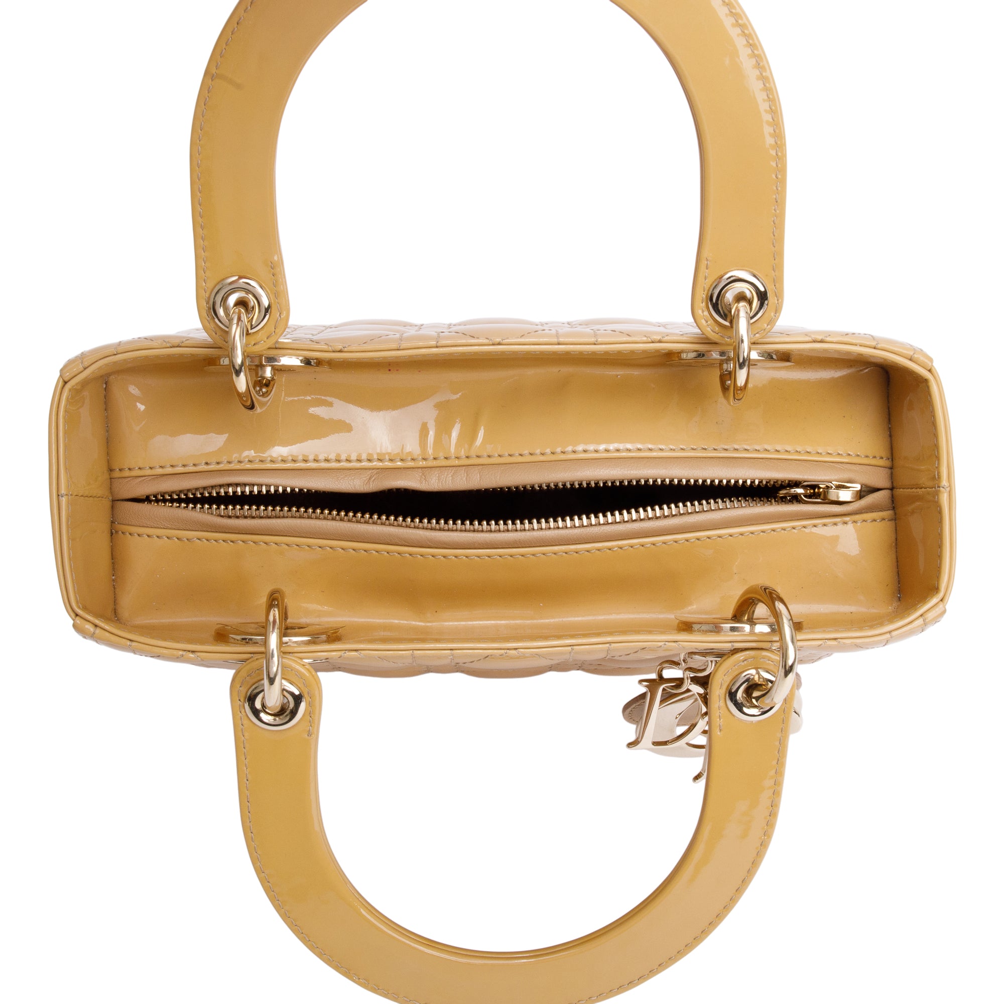 Christian Dior Beige Cannage Patent Leather Medium Lady Dior Bag w/ Strap & Authenticity Card