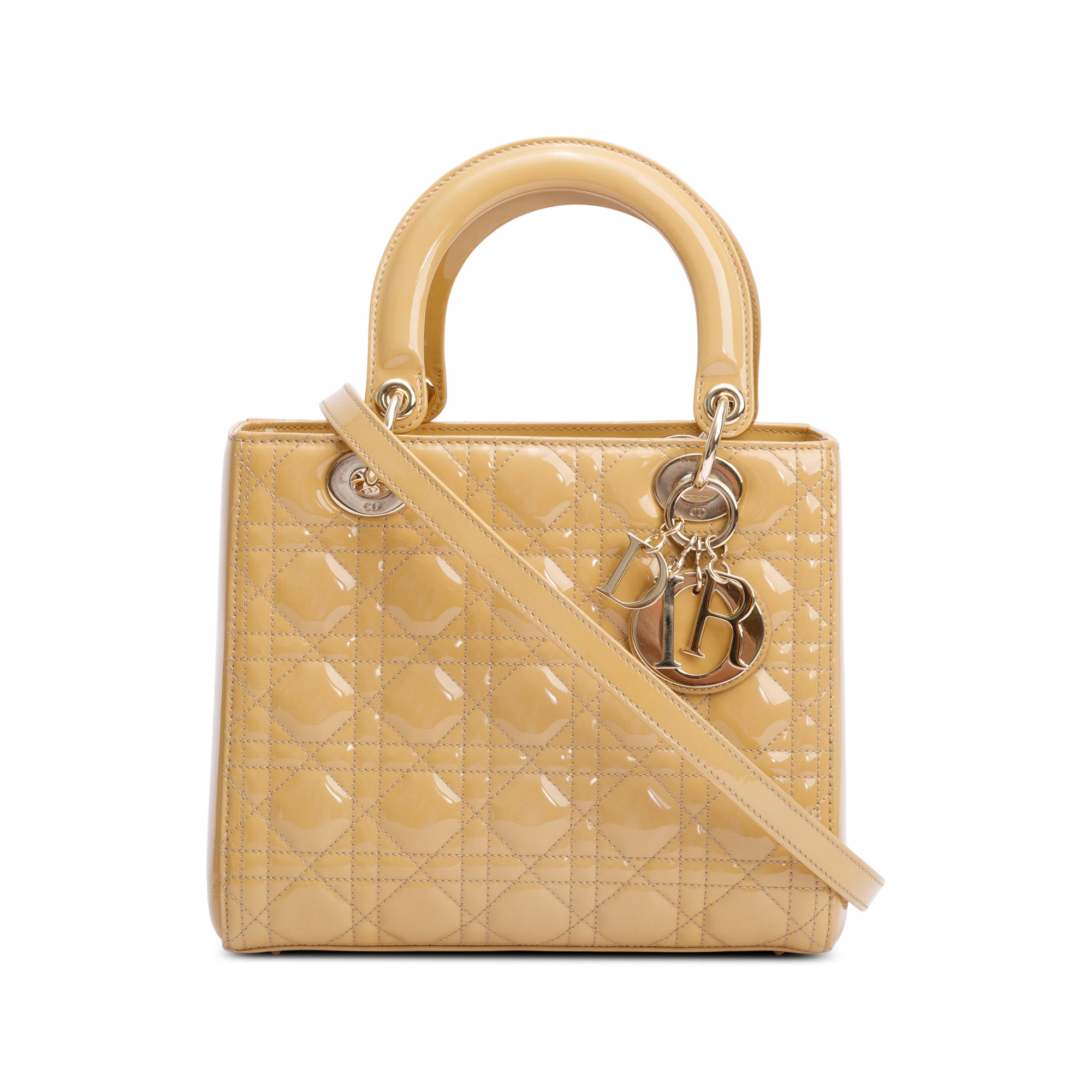 Christian Dior Beige Cannage Patent Leather Medium Lady Dior Bag w/ Strap & Authenticity Card