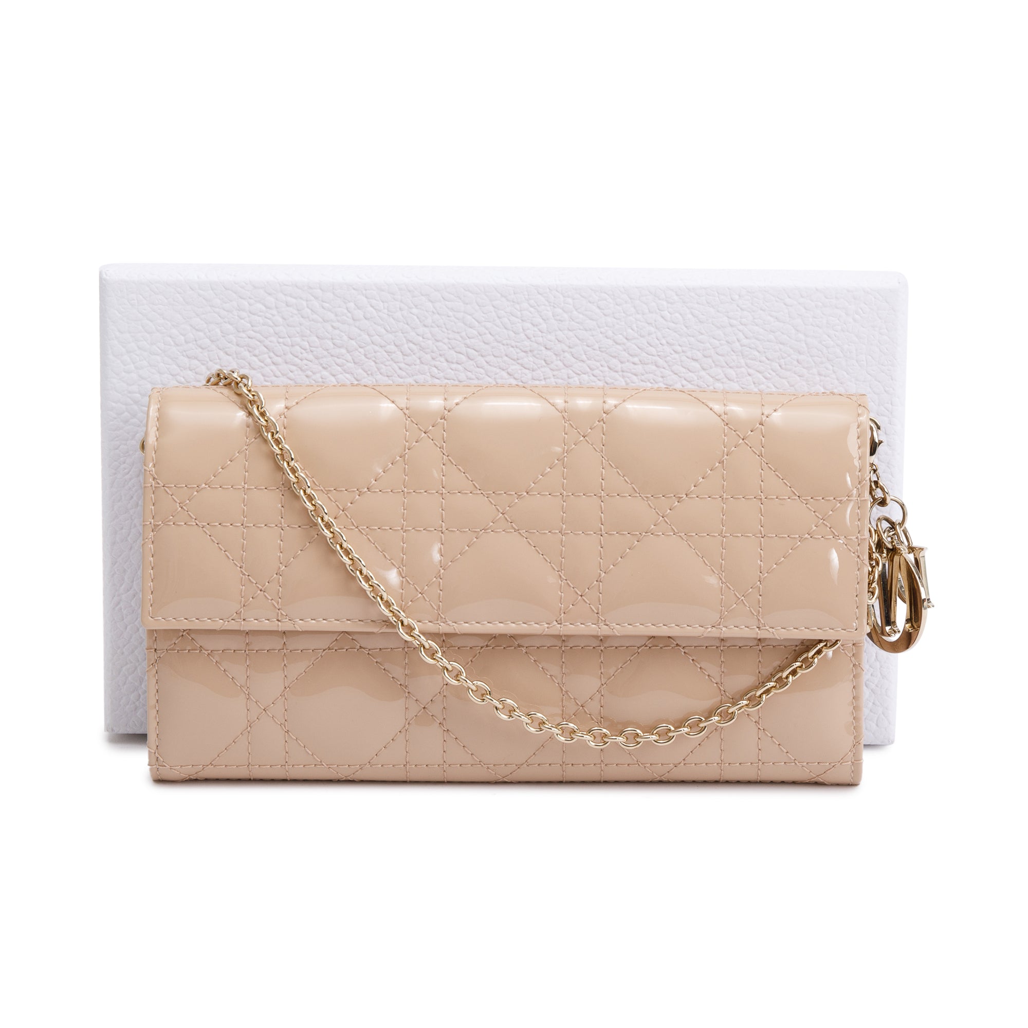 Christian Dior Beige Cannage Patent Leather Rendezvous Wallet on Chain w/ Box