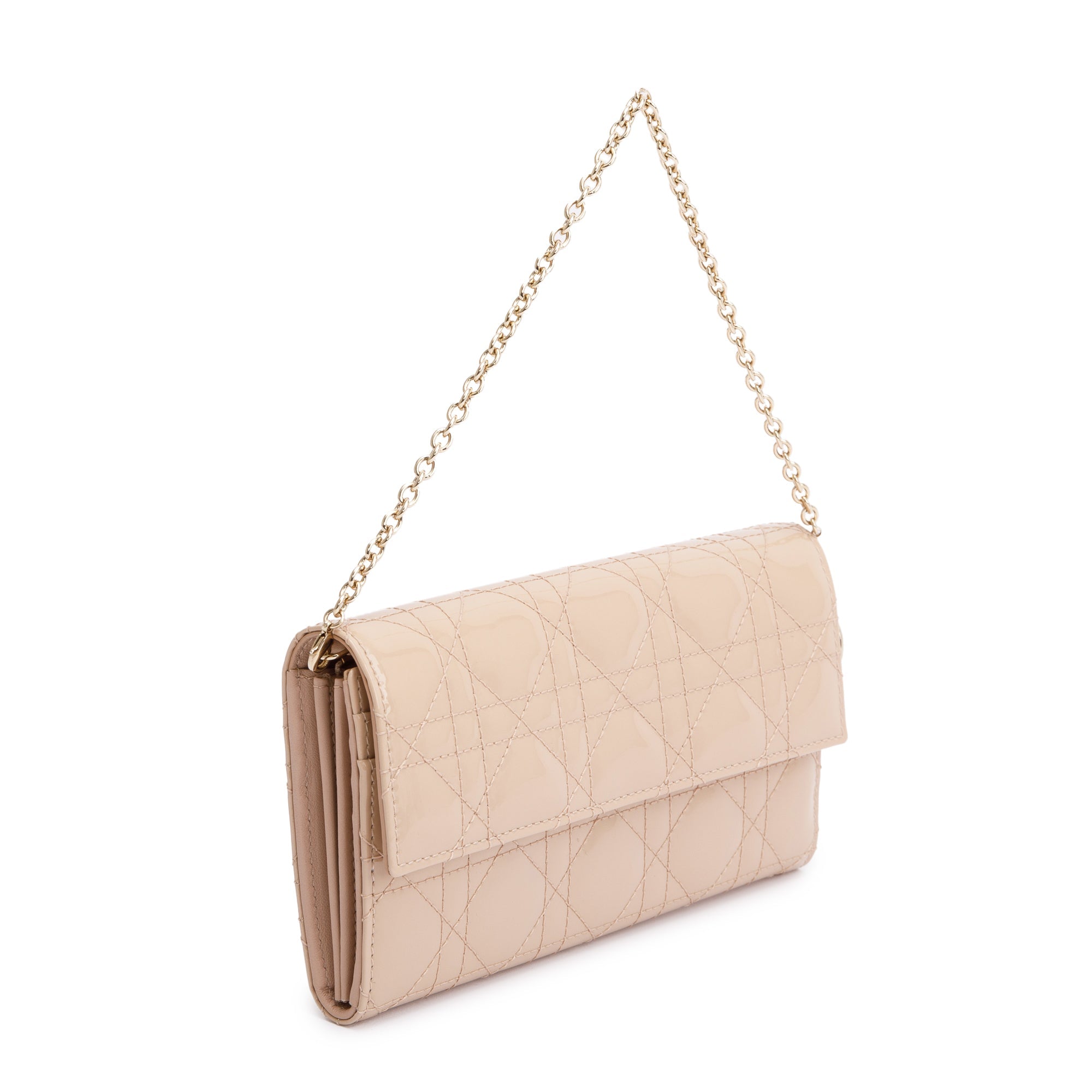 Christian Dior Beige Cannage Patent Leather Rendezvous Wallet on Chain w/ Box