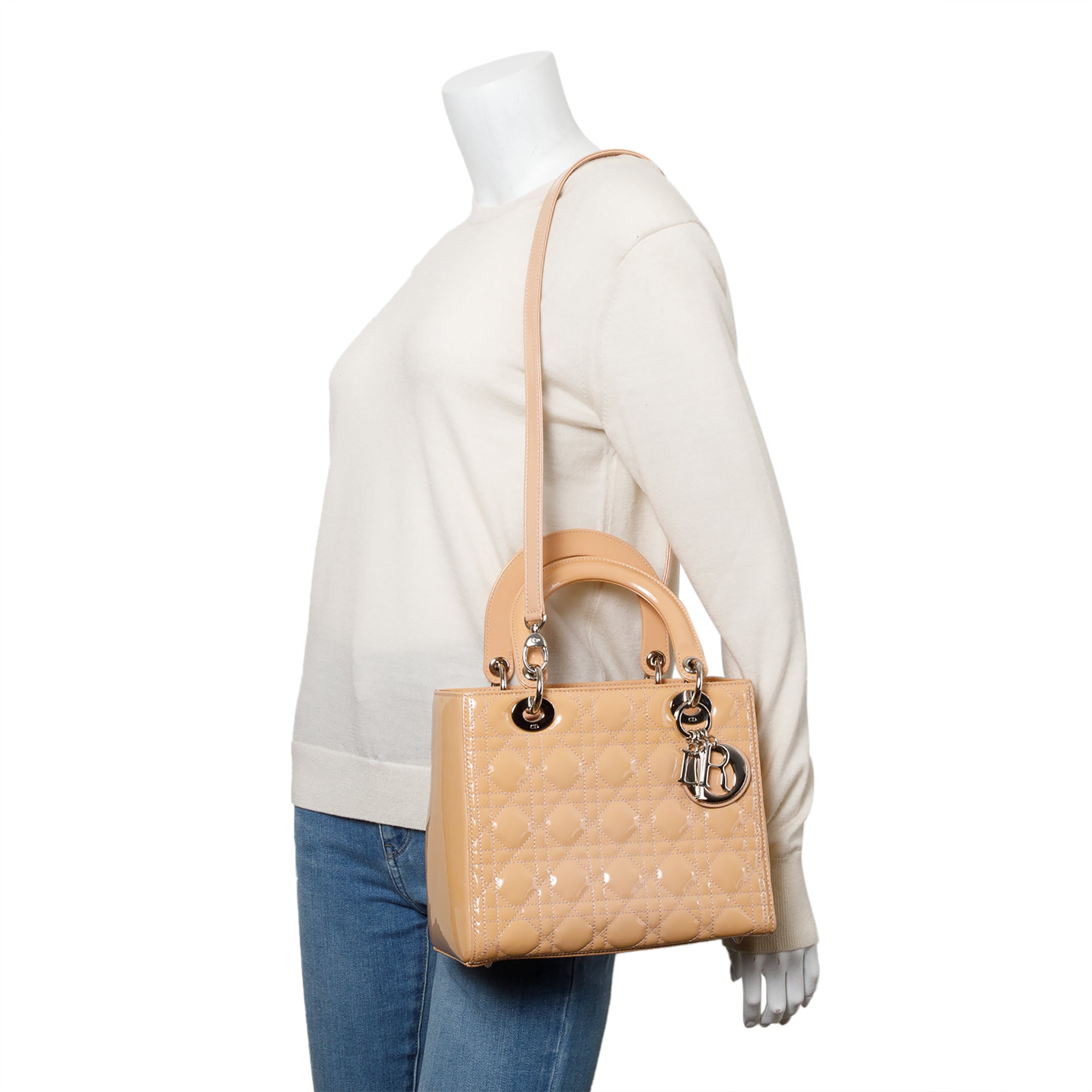 Christian Dior Beige Cannage Patent Leather Small Lady Dior Bag w/ Strap