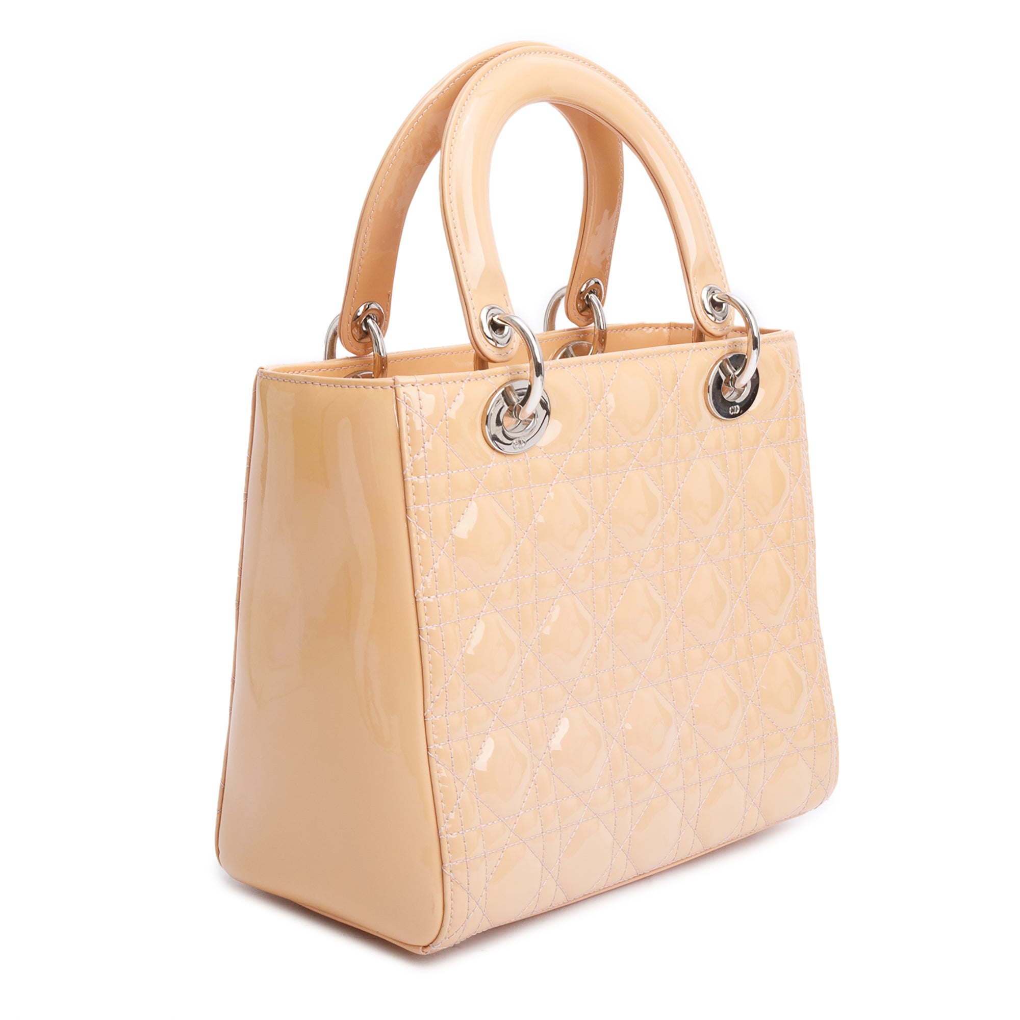 Christian Dior Beige Cannage Patent Leather Small Lady Dior Bag w/ Strap