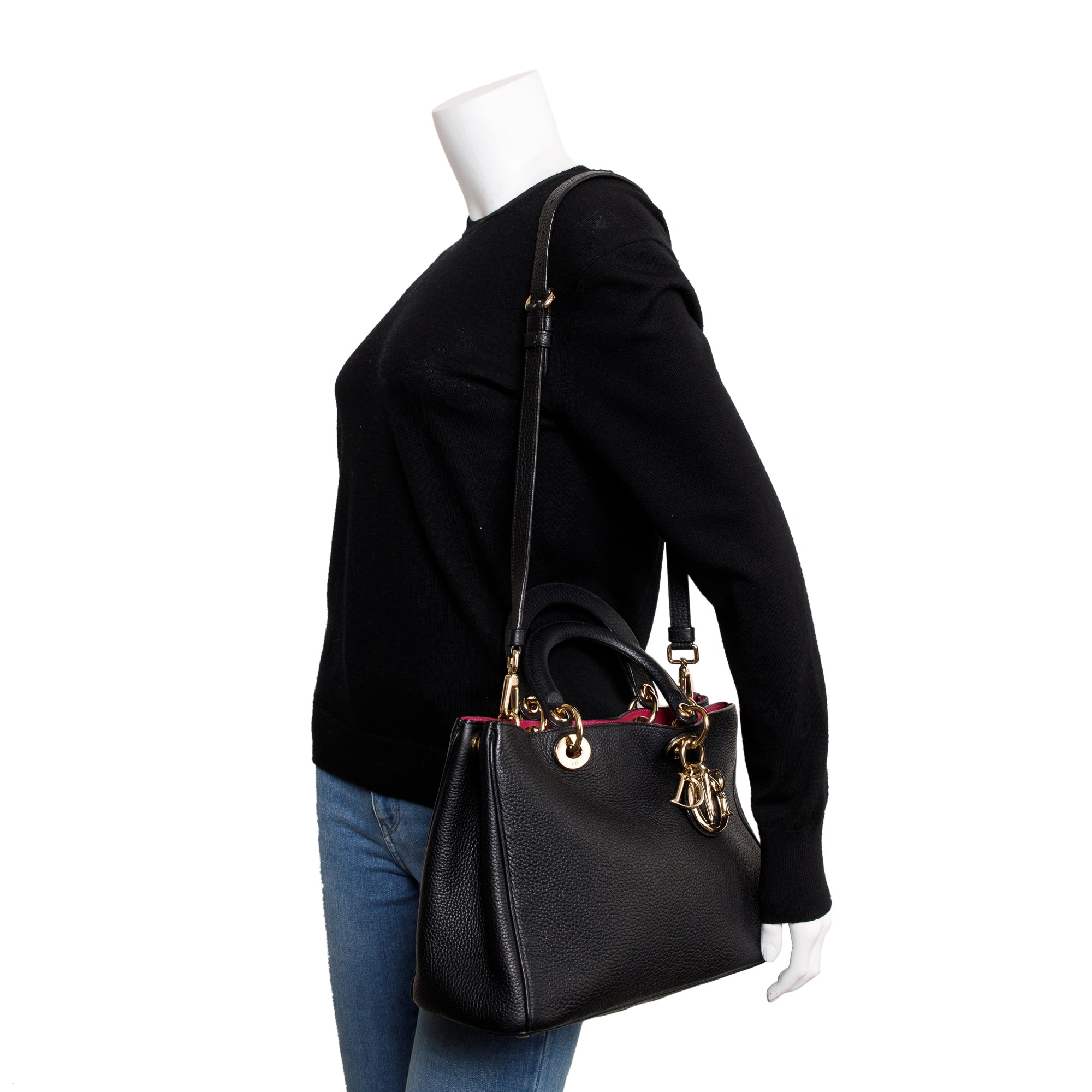 Christian Dior Black Calfskin Leather Medium Diorissimo Tote w/ Strap & Pouch