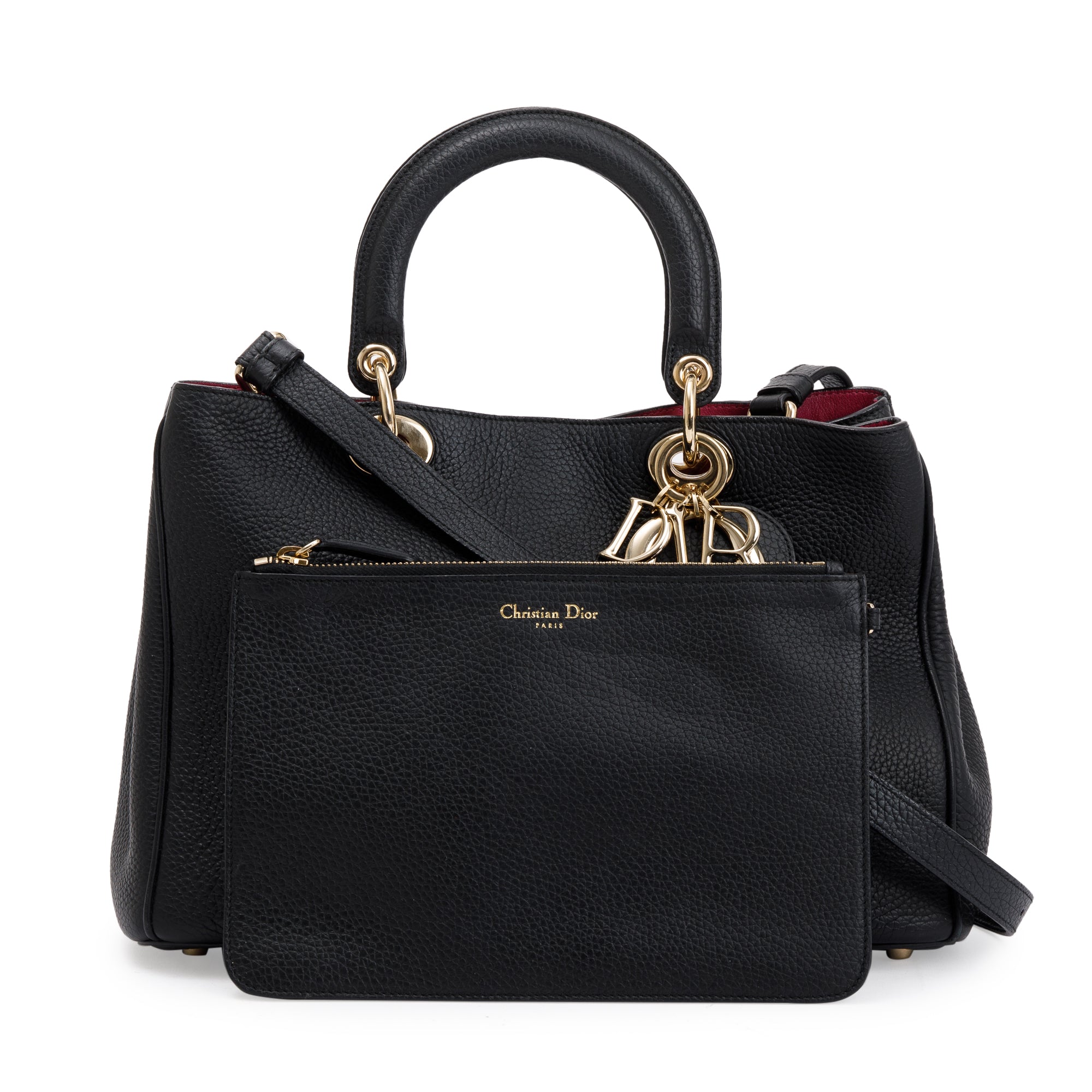 Christian Dior Black Calfskin Leather Medium Diorissimo Tote w/ Strap & Pouch