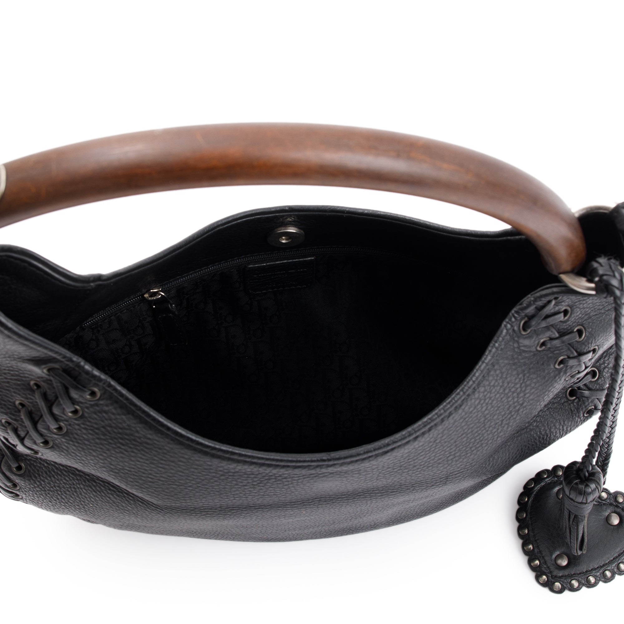 Christian Dior Black Calfskin Leather Wooden Handle Ethnic Braided Hobo