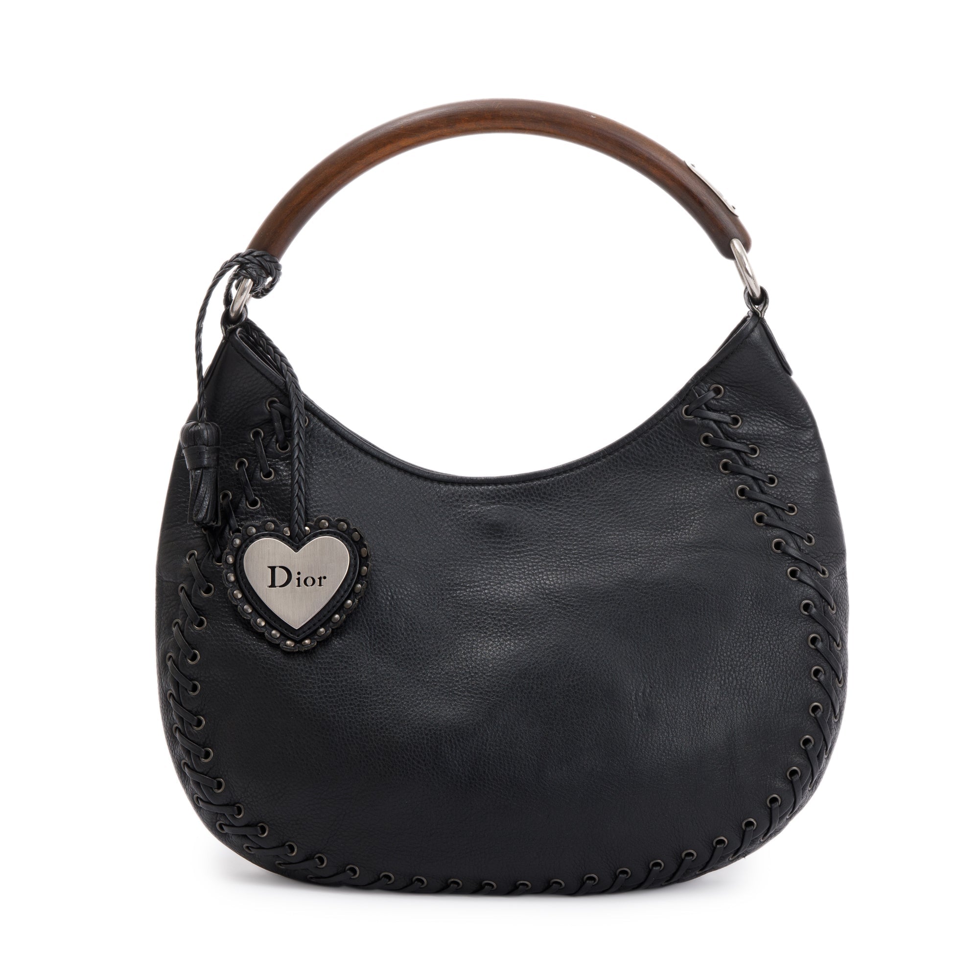 Christian Dior Black Calfskin Leather Wooden Handle Ethnic Braided Hobo