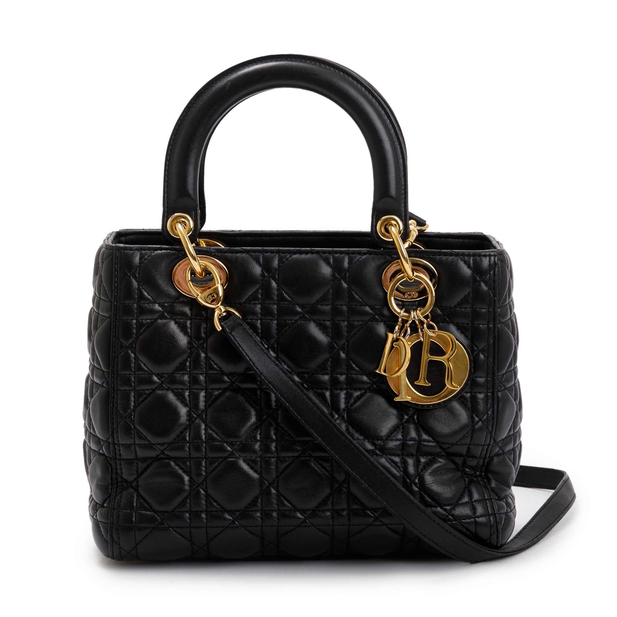 Christian Dior Black Cannage Lambskin Leather Medium Lady Dior Bag w/ Strap