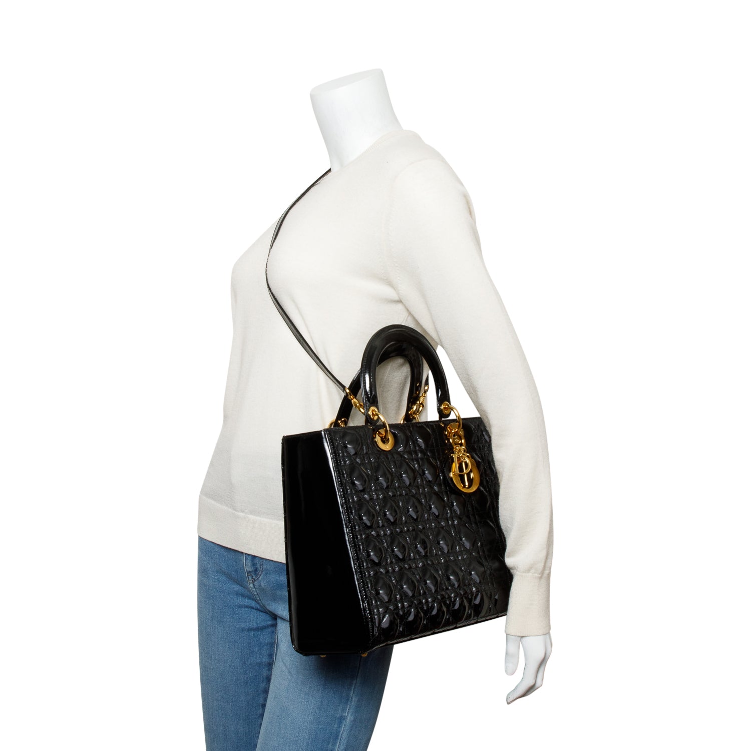 Christian Dior Black Cannage Patent Leather Large Lady Dior Bag w/ Strap & Authenticity Card