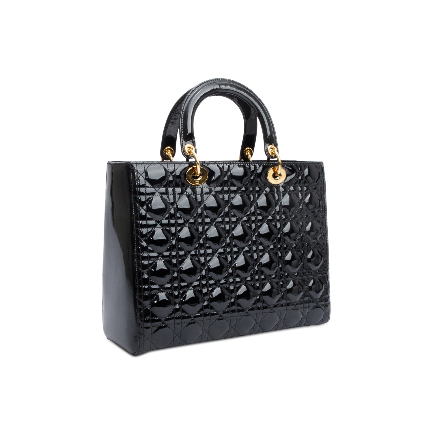 Christian Dior Black Cannage Patent Leather Large Lady Dior Bag w/ Strap & Authenticity Card