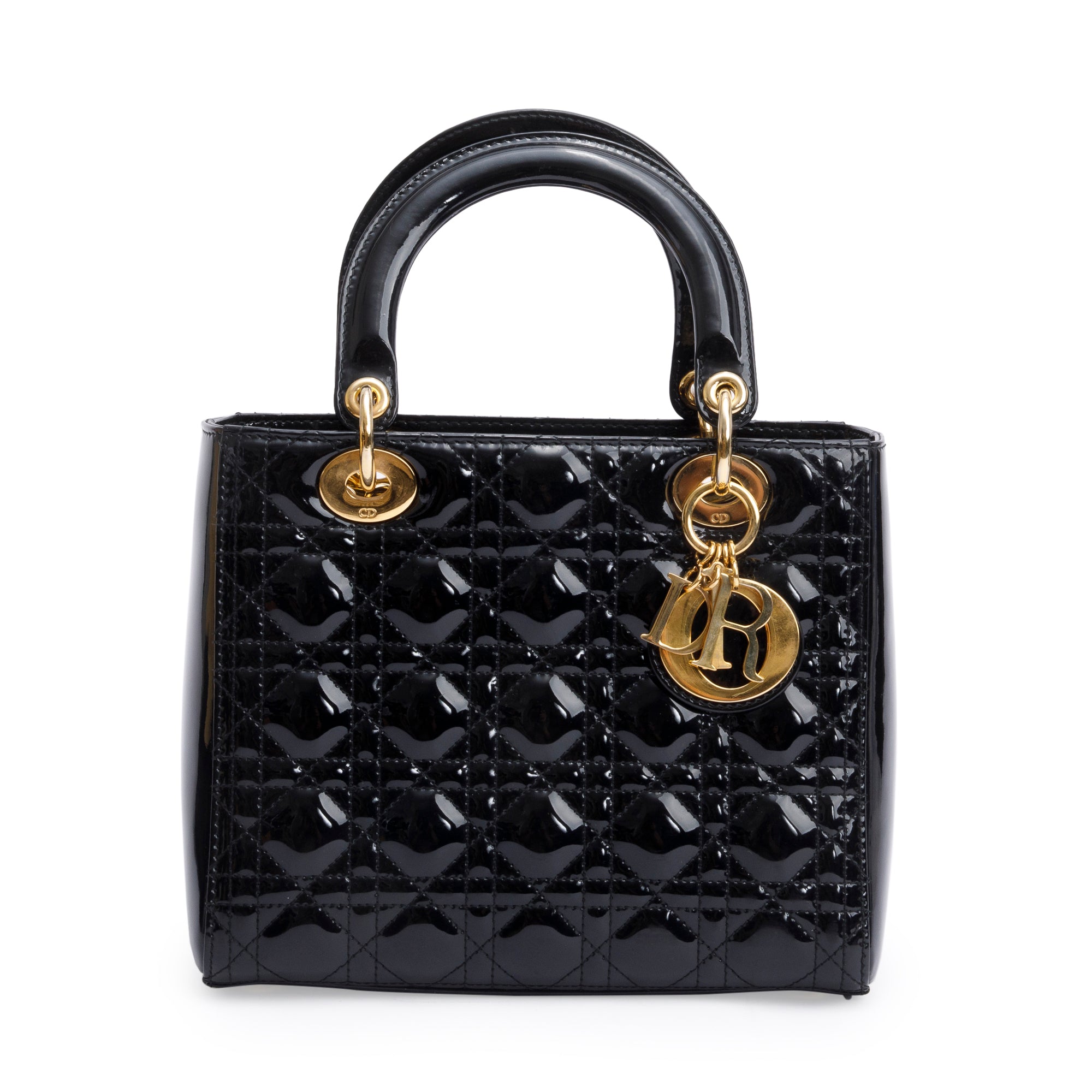 Christian Dior Black Cannage Patent Leather Medium Lady Dior Bag w/ Strap