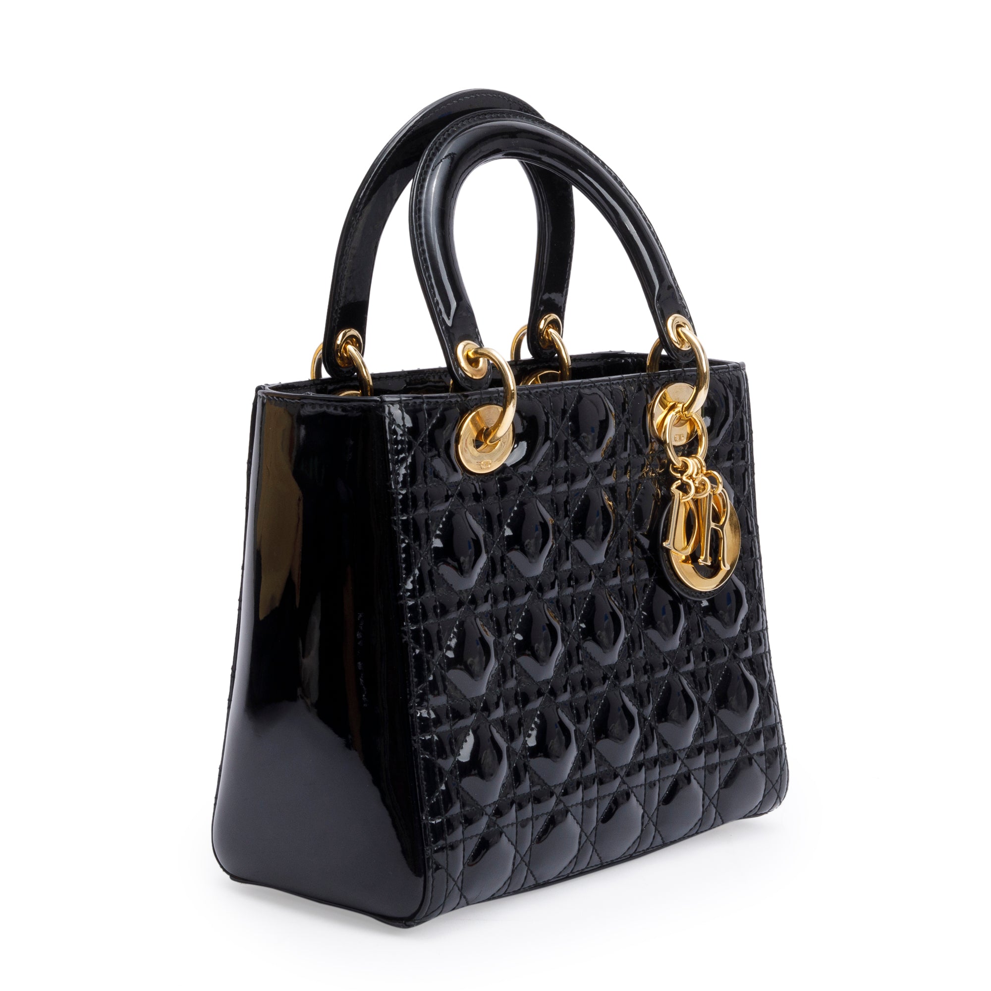 Christian Dior Black Cannage Patent Leather Medium Lady Dior Bag w/ Strap