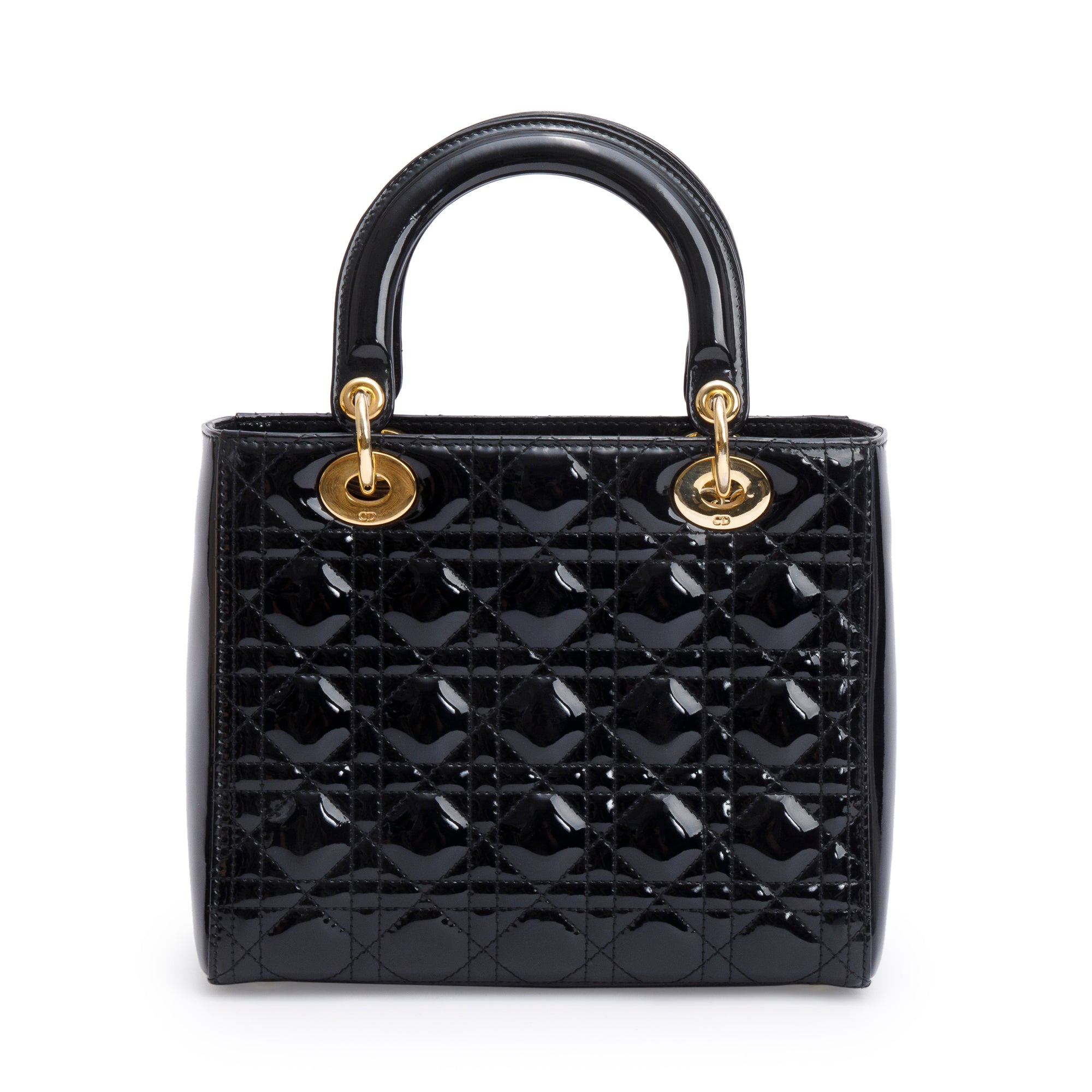 Christian Dior Black Cannage Patent Leather Medium Lady Dior Bag w/ Strap