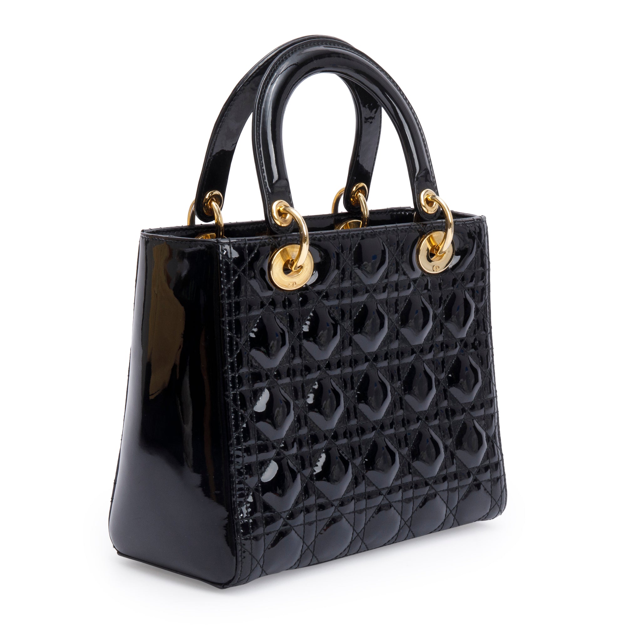 Christian Dior Black Cannage Patent Leather Medium Lady Dior Bag w/ Strap