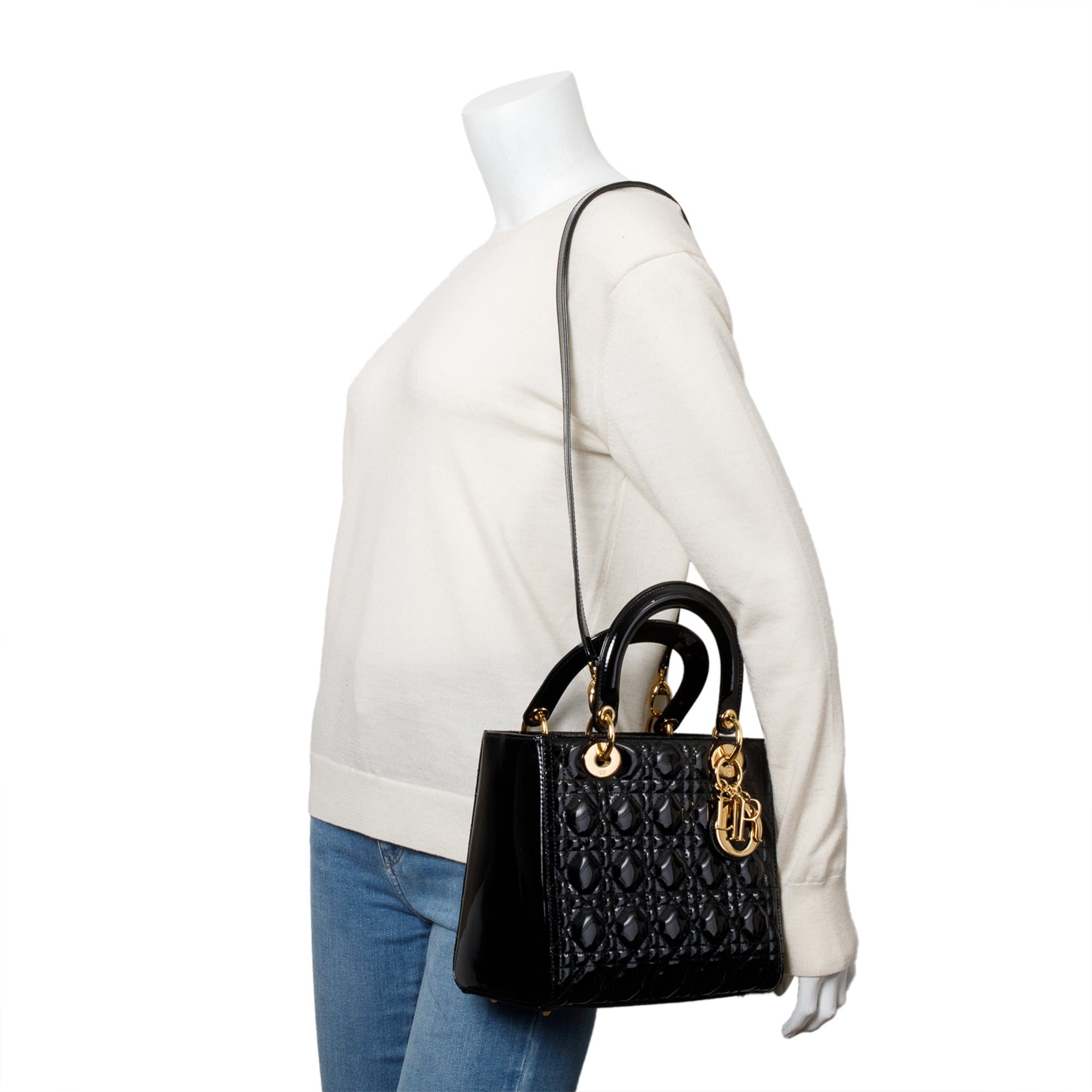 Christian Dior Black Cannage Patent Leather Medium Lady Dior Bag w/ Strap & Authenticity Card