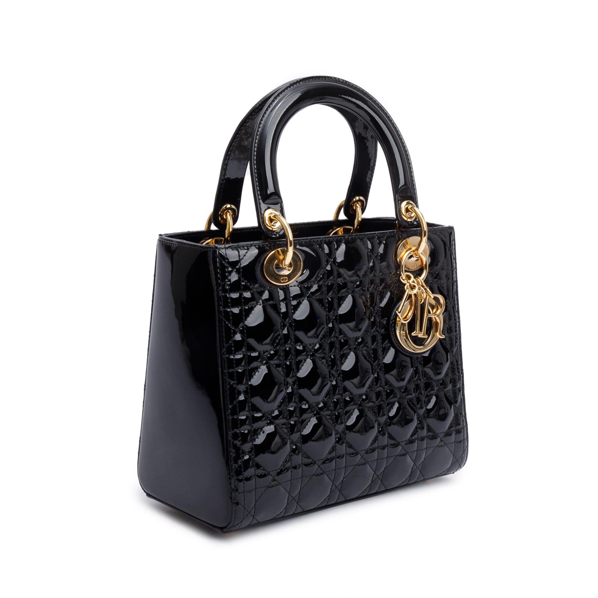 Christian Dior Black Cannage Patent Leather Medium Lady Dior Bag w/ Strap & Authenticity Card