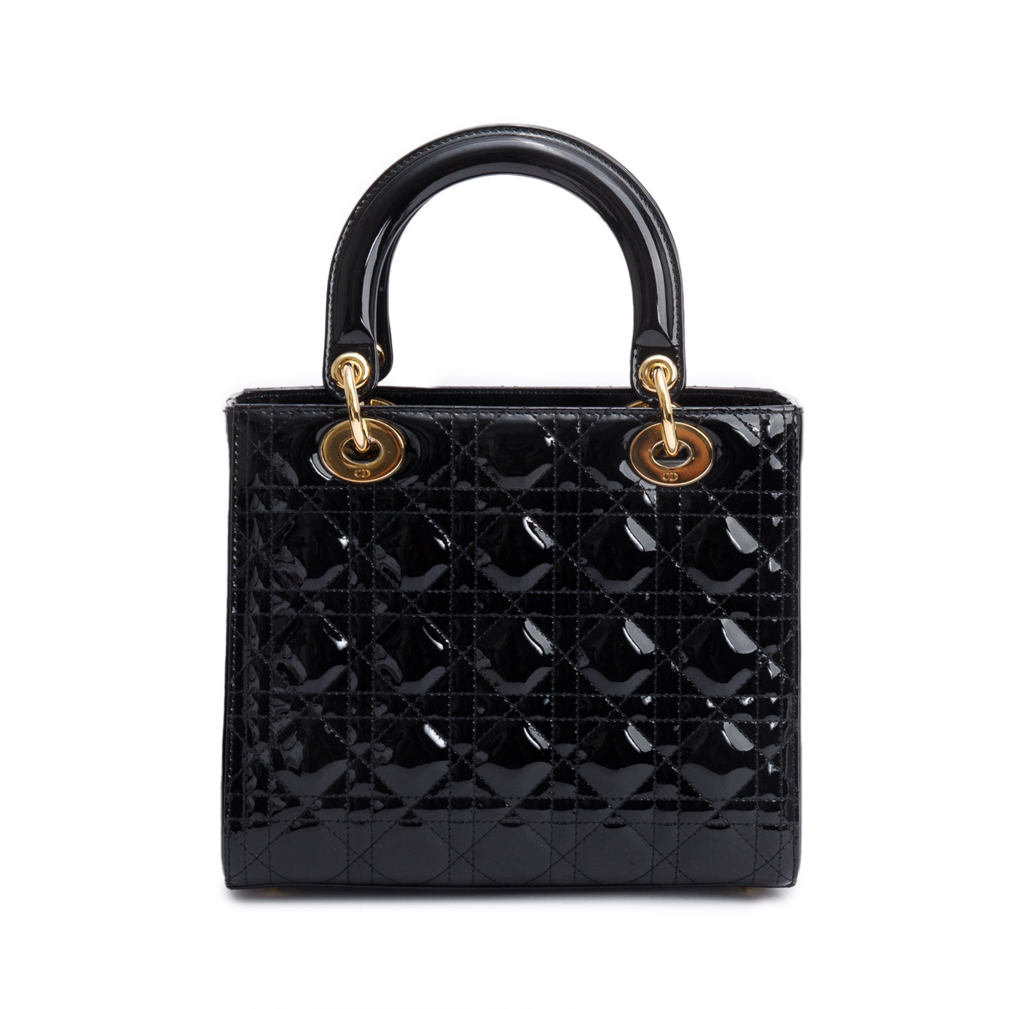 Christian Dior Black Cannage Patent Leather Medium Lady Dior Bag w/ Strap & Authenticity Card