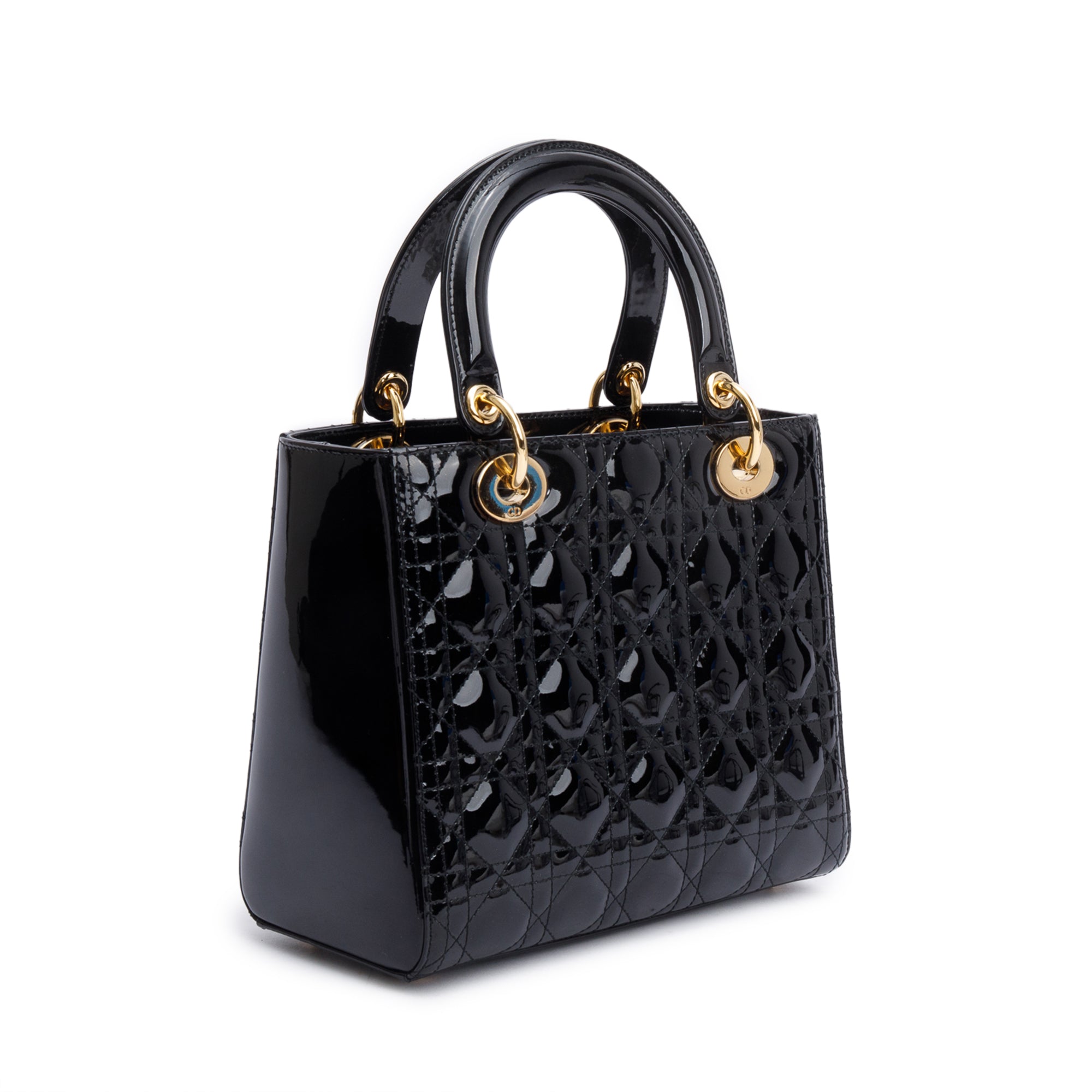 Christian Dior Black Cannage Patent Leather Medium Lady Dior Bag w/ Strap & Authenticity Card