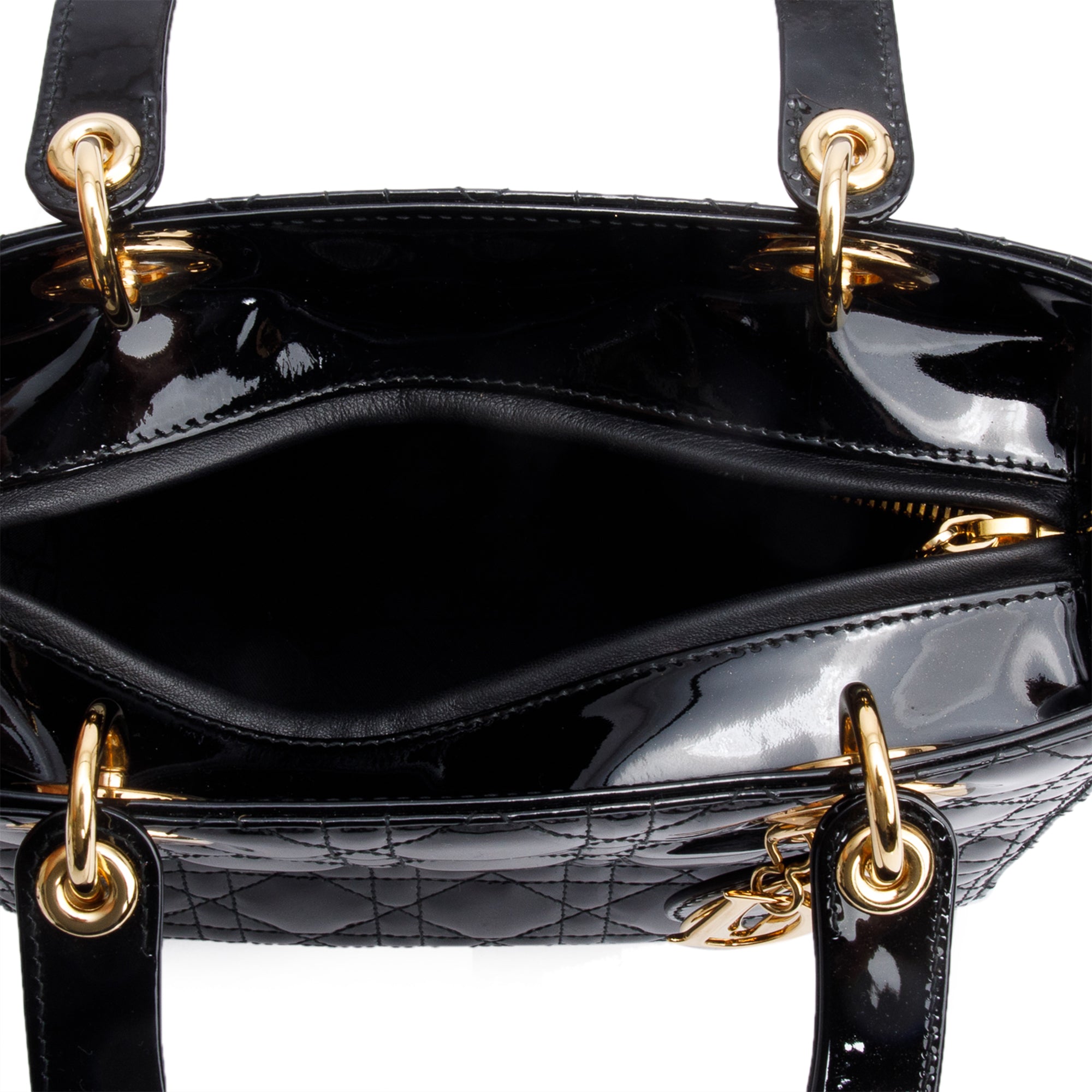 Christian Dior Black Cannage Patent Leather Medium Lady Dior Bag w/ Strap & Authenticity Card