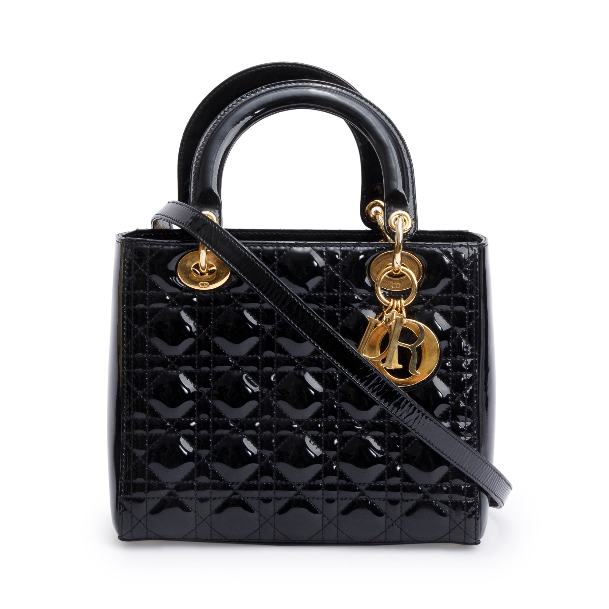Christian Dior Black Cannage Patent Leather Medium Lady Dior Bag w/ Strap