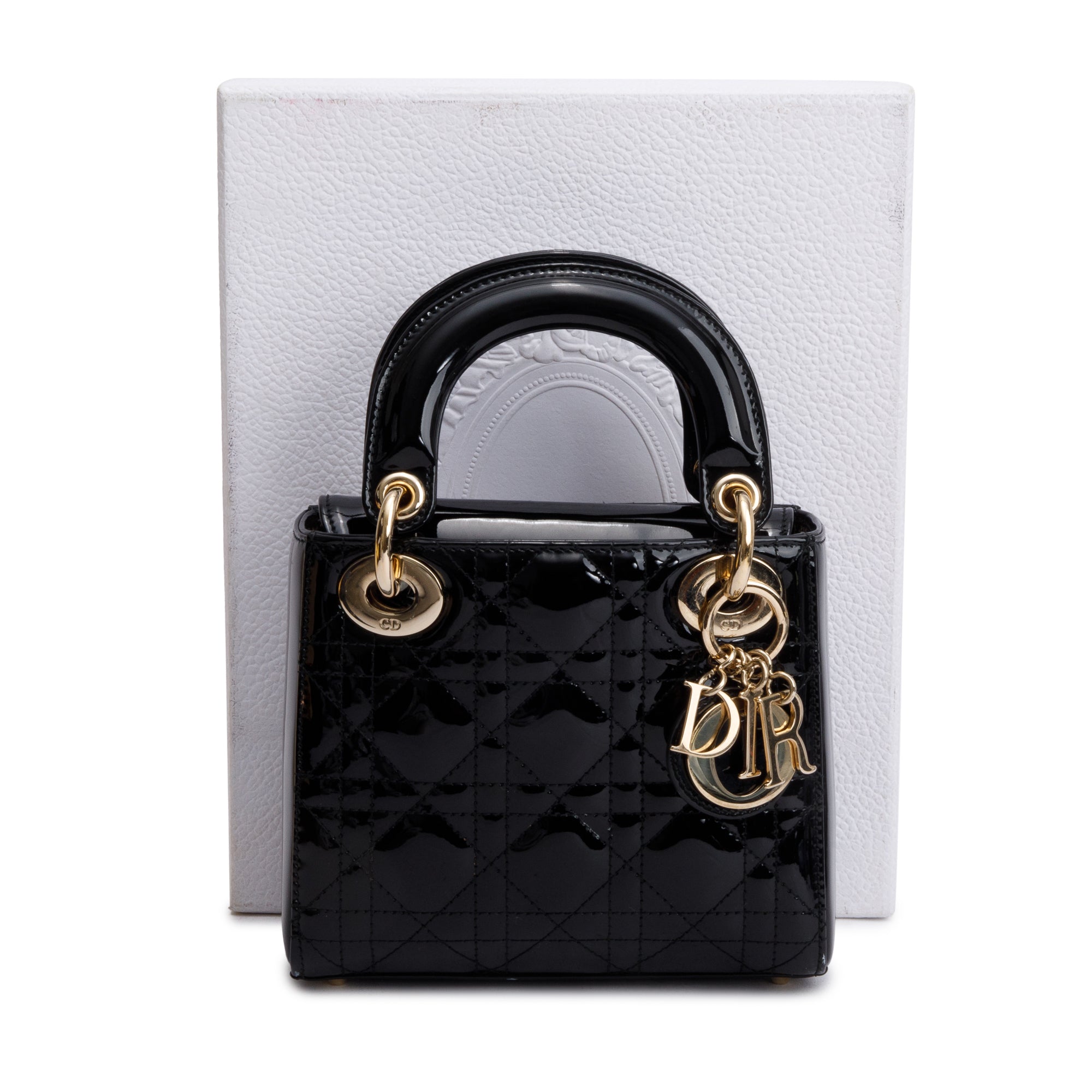 Christian Dior Black Cannage Patent Leather Mini Lady Dior Bag w/ Box