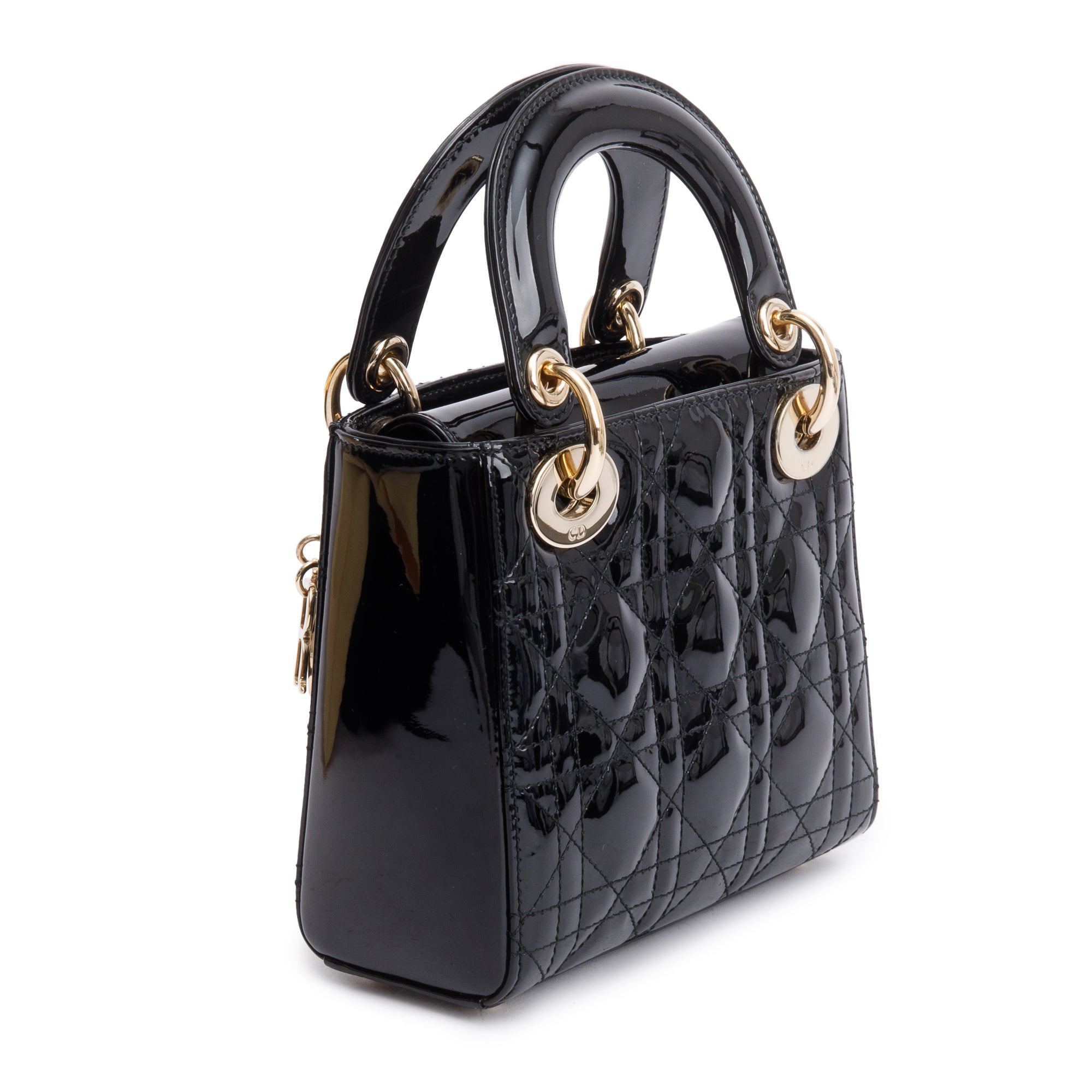 Christian Dior Black Cannage Patent Leather Mini Lady Dior Bag w/ Box