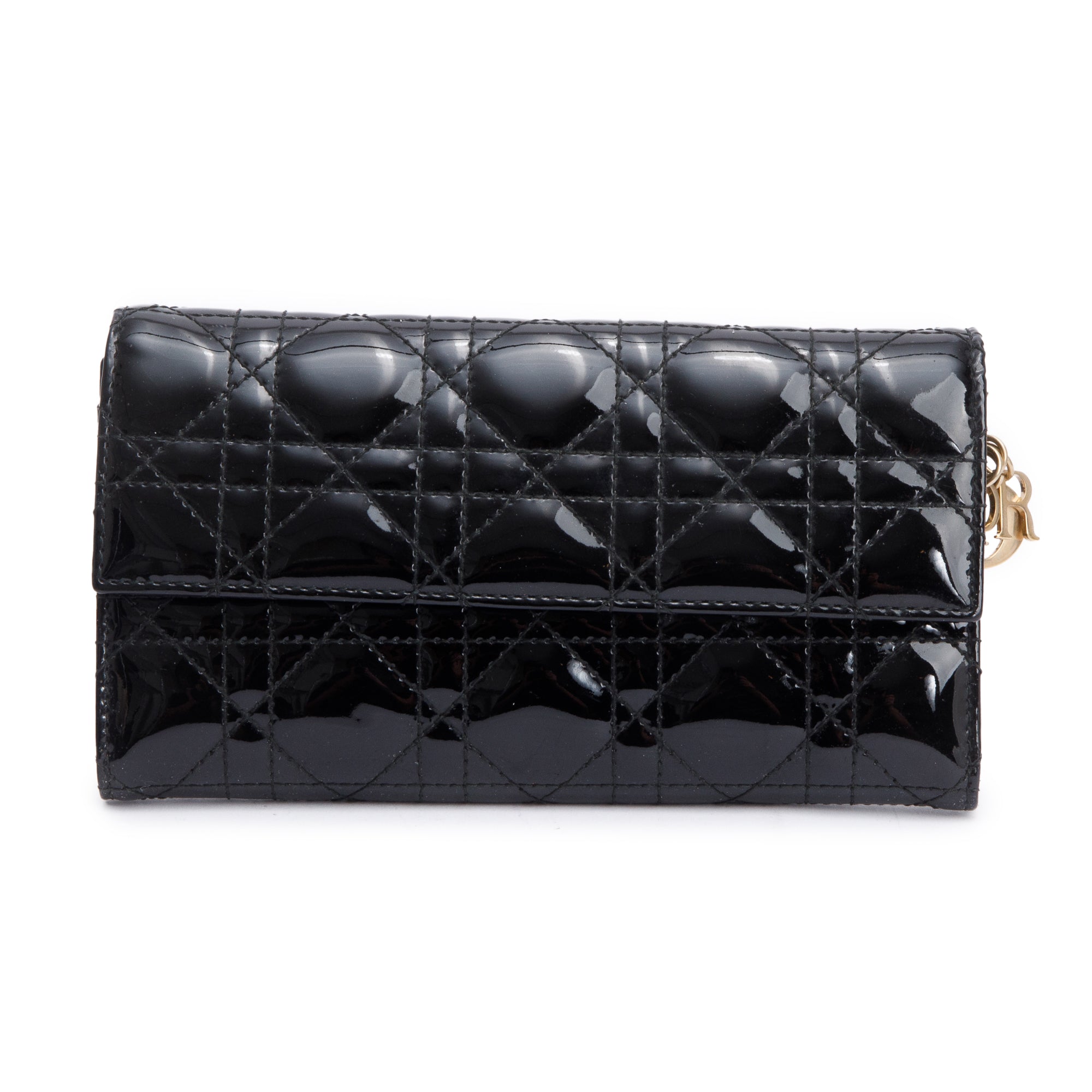 Christian Dior Black Cannage Patent Leather Rendezvous Wallet on Chain