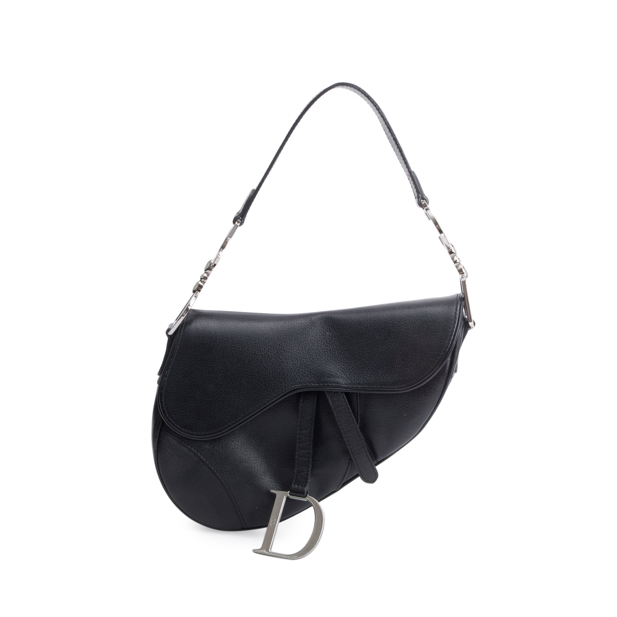 Christian Dior Black Grained Calfskin Leather Saddle Bag