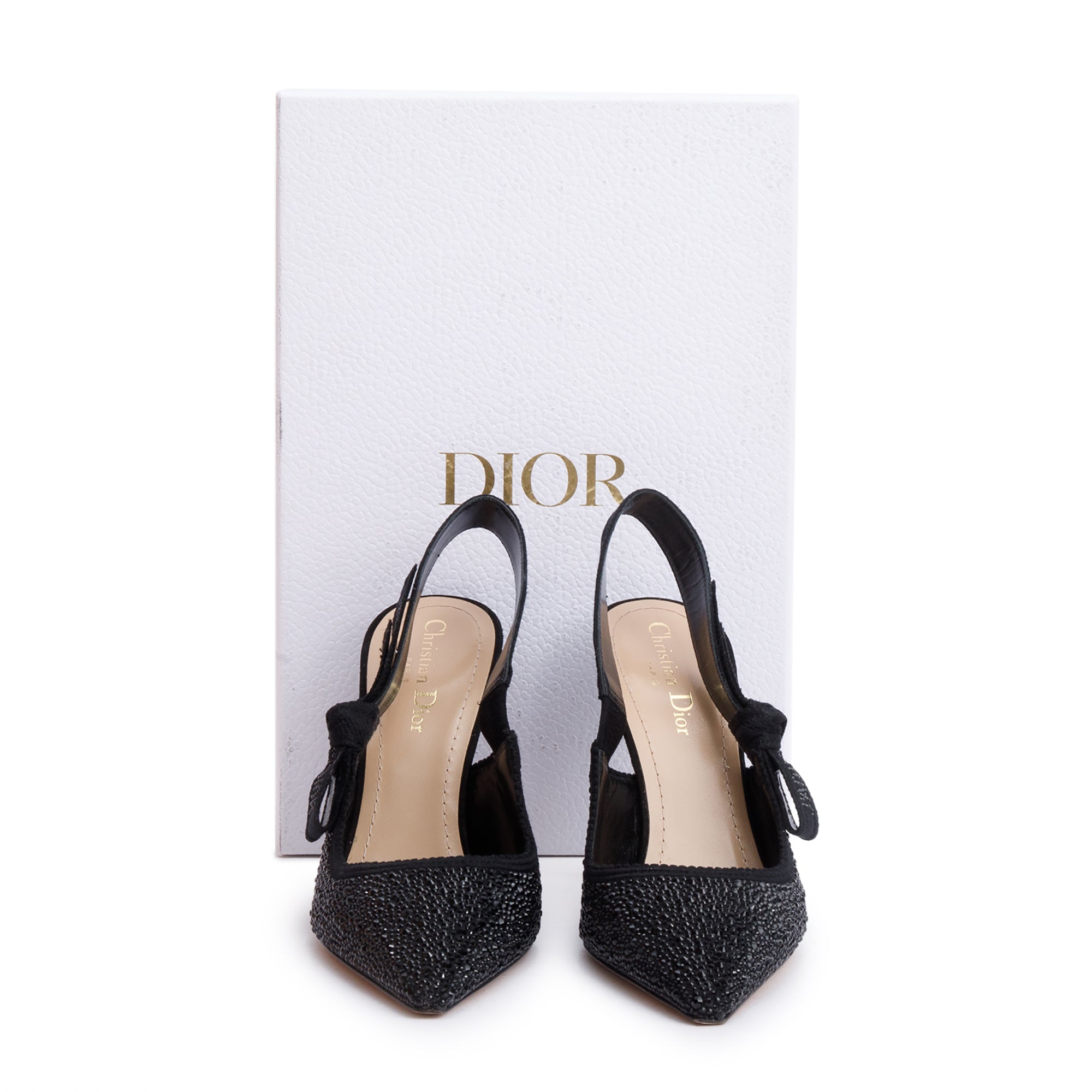 Christian Dior Black Leather Crystal Embellished J'Adior Slingback Pumps, Size 38 w/ Box