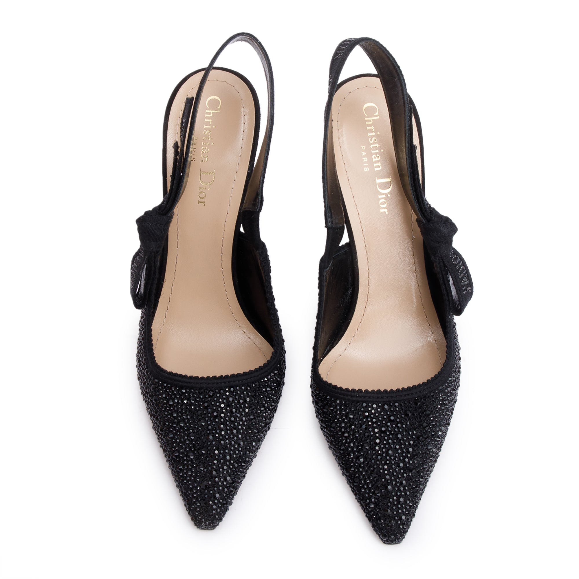 Christian Dior Black Leather Crystal Embellished J'Adior Slingback Pumps, Size 38 w/ Box
